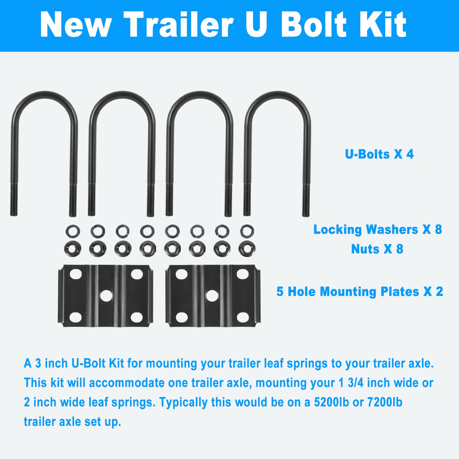 New Trailer U Bolt Kit, Trailer Leaf Spring U Bolts, for 52007000lbs 3