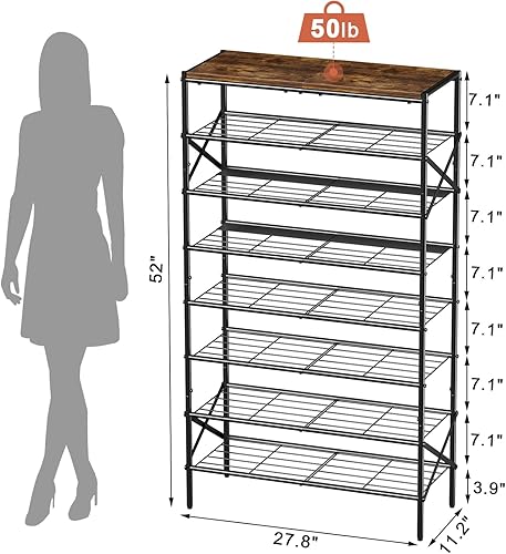 Miniatura 3 de Zapatero alto de 8 niveles para almacenamiento de zapatos para entrada, 24-32 pares de zapatero de metal para armario, zapatero resistente con