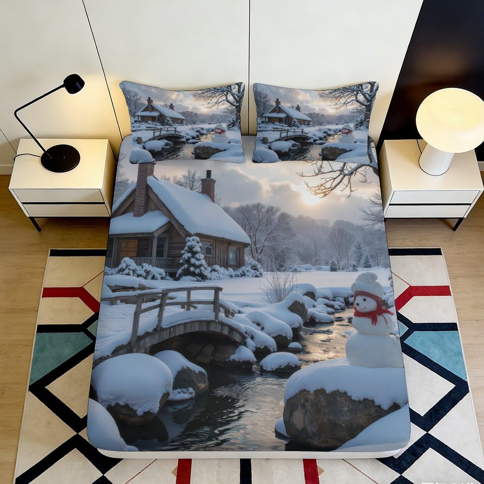 3D Printed Snowy Cabin Fitted Sheet Microfiber Soft Breathable Winter Landscape Bed Cover for Bedroom Dormitory Guest Room Mattress Protection Decor 180x200x25cm