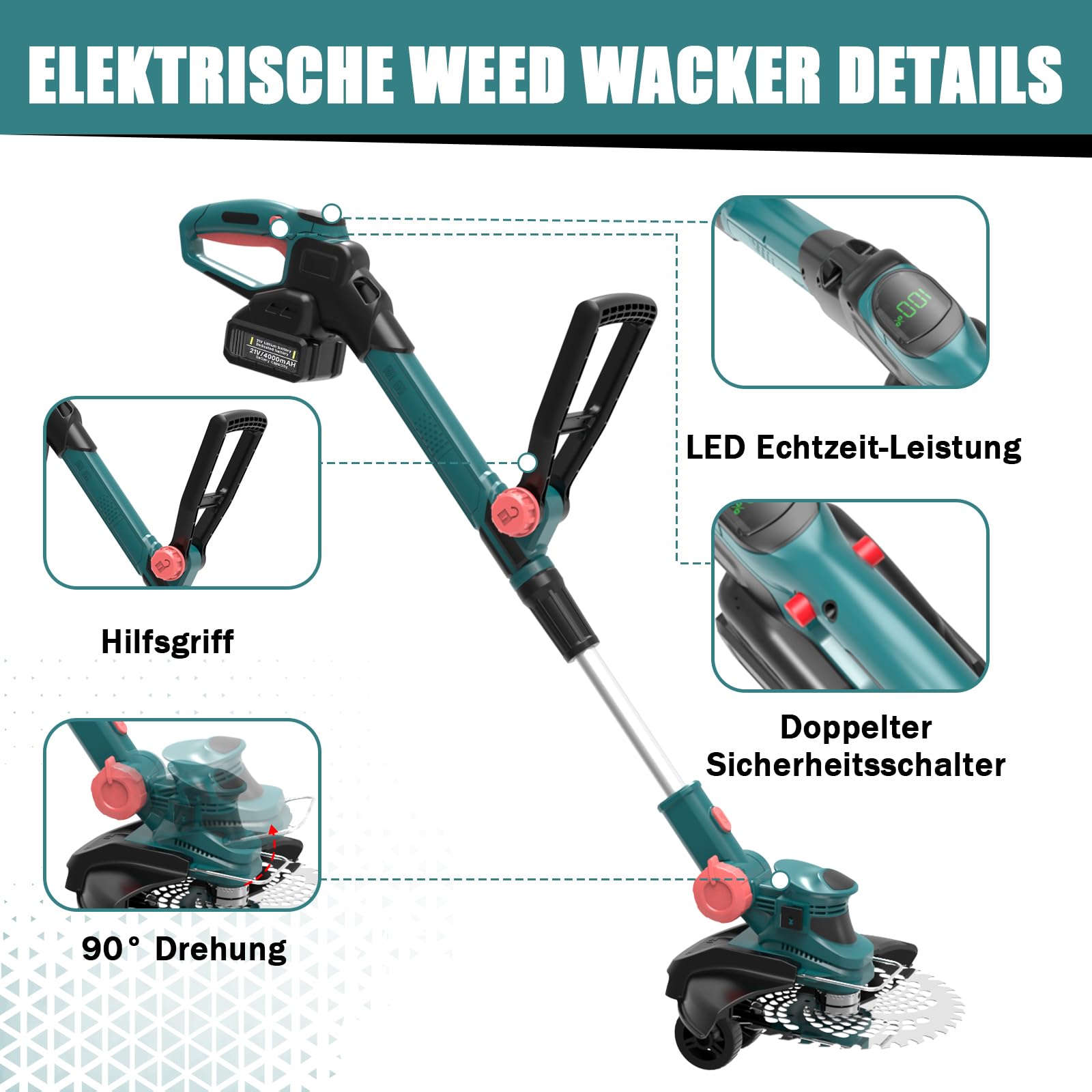 Akku Rasentrimmer mit Unkrautbürste, 21V Bürstenlose Rasentrimmer für Makita Akkus, Elektrischer Freischneider Akku, Inkl. 2X4.0Ah Akku & Ladegerät für Garden Trimmen (Blau)