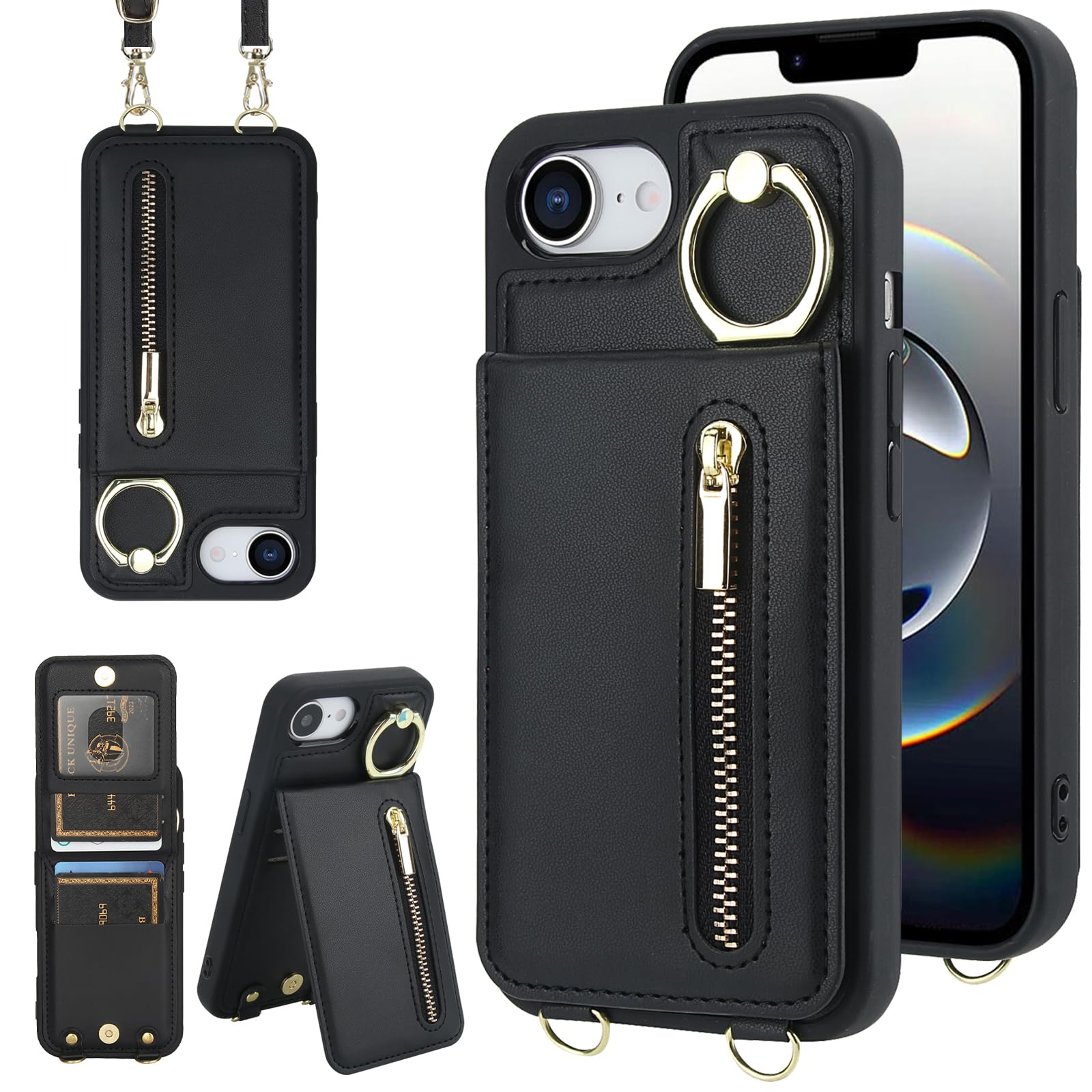 Jcxtrombulous Crossbody Wallet Case for iPhone 16E with Lanyard Strap Card Slot Holder RFID Blocking 360° Ring Kickstand,Magnetic Flip Folio Zipper