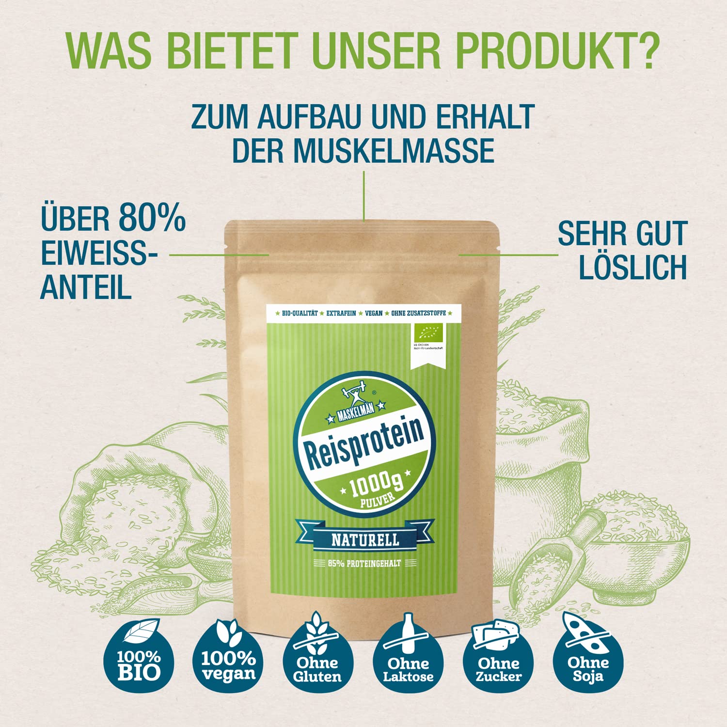 Reisprotein vegan von Maskelmän - 3 KG - 80% Eiweiss - Extrafeines Bio Reisprotein aus der Reiskleie - Ideale vegane Eiweissquelle