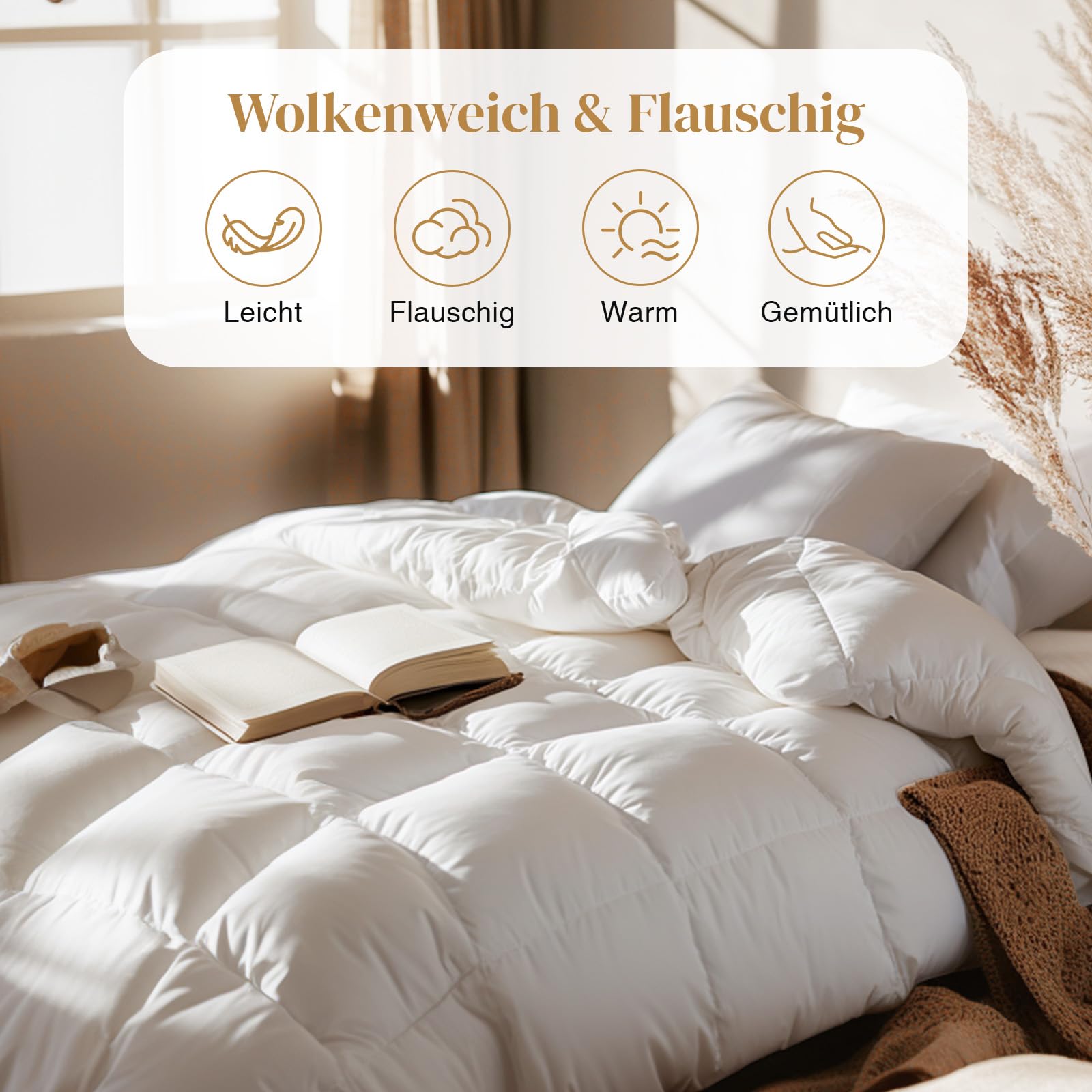Daunendecke 135x200 Ganzjahres 100% Baumwolle, 4 Jahreszeiten Bettdecken 135 x 200 mit Gänsedaunen und Federn, Daunenbettdecke High Fluffy 3D Baffle Box für mittlere Wärme