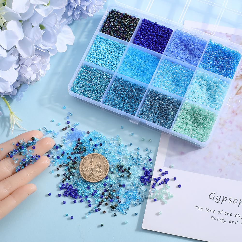 SUNNYCLUE Glasperlen Set – 156 G Rocailles Perlen, 12 Farben Blau, 2 Mm, Zum Basteln