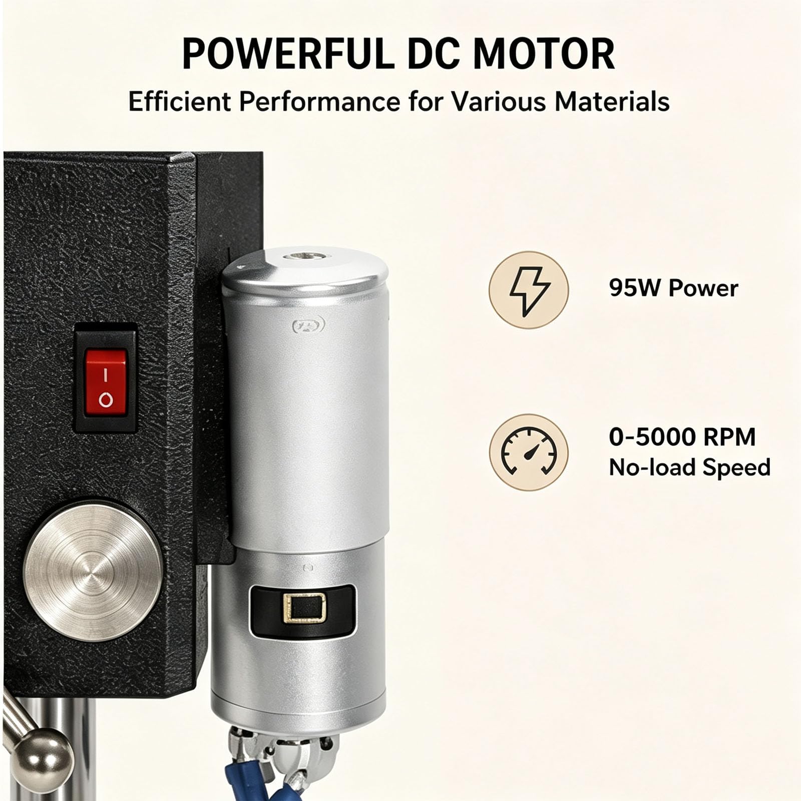 Mini wiertarka stołowa 95 W, maks. 5000 obr./min, regulowany uchwyt o pojemności 6 mm, skok wrzeciona 100 mm, stabilna metalowa podstawa z gniazdami montażowymi, do biżuterii, drewna, plastiku