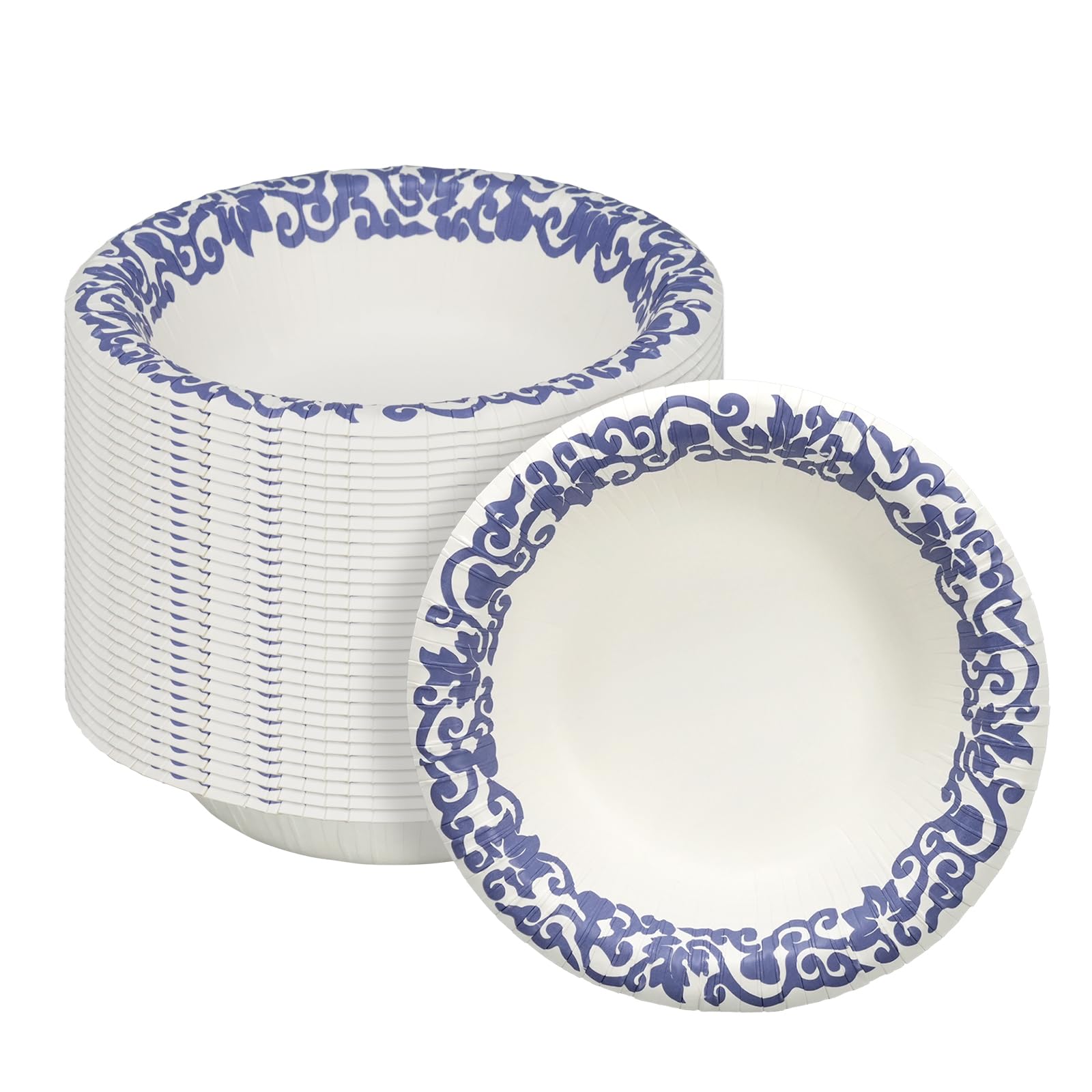 Cherypick Paper Bowls 16 oz/470 ml, 30 Pack Disposable Heavy Paper Bowls with Blue Porcelain Pattern, Microwave Safe and Leak-Proof Party Bowls for Family, BBQs, Picnics and Garden Parties