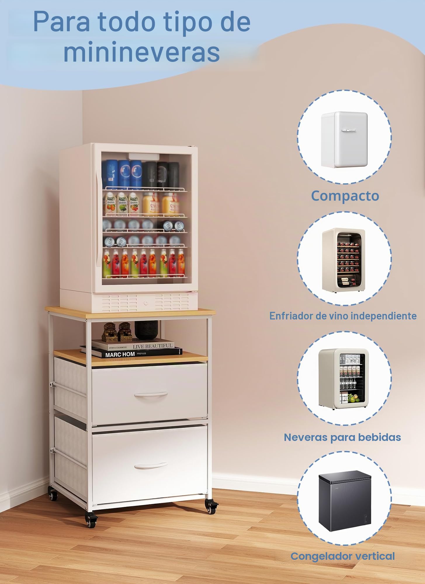 Miniestantería portátil para frigorífico con 4 ruedas, armario con 2 cajones, carrito de cocina, mesa auxiliar de 76 cm, mini soporte para nevera pequeña, para mini nevera, cocina, salón