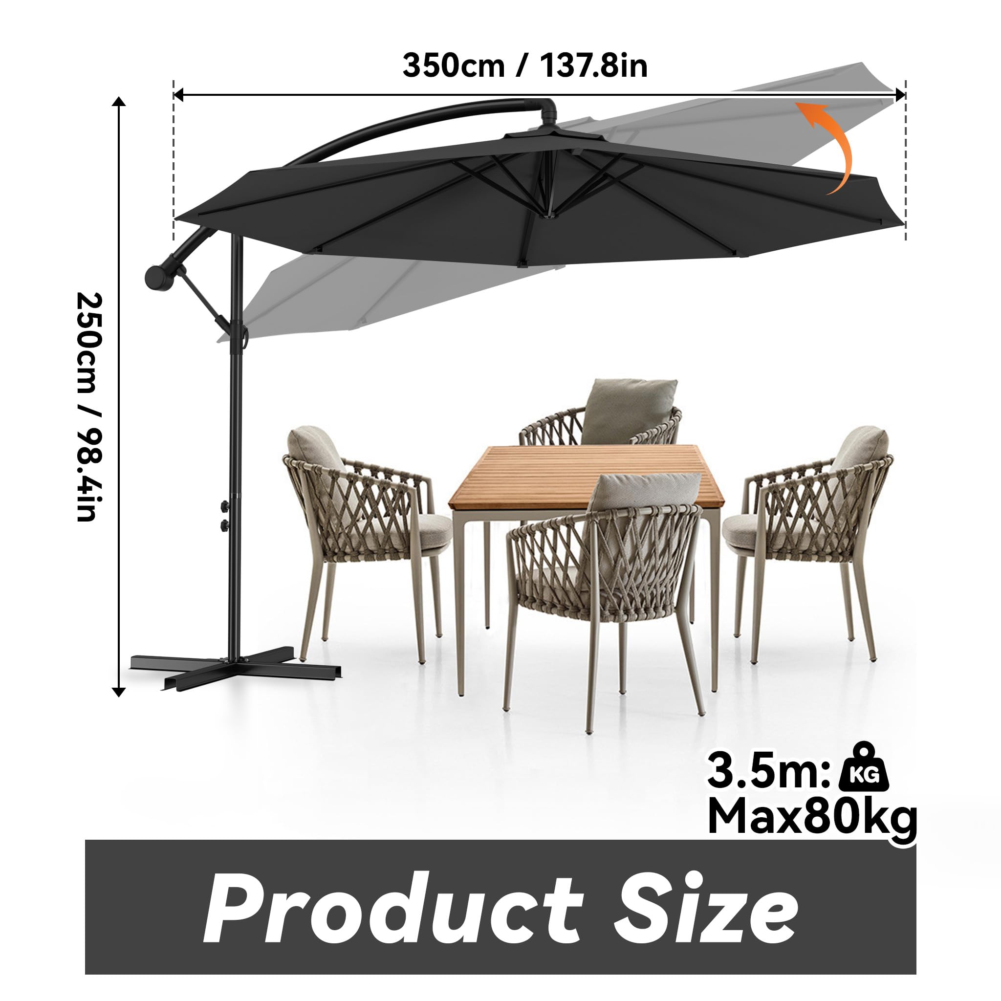 YRHome Parasol przeciwsłoneczny, parasol przeciwsłoneczny Ø 300/350 cm z korbą, parasol ogrodowy, ochrona przed słońcem UV50+, odchylany parasol korbowy, parasol na rynku, wodoszczelny, wodoodporny poszycie, Antracyt, bez LED, 3,5m