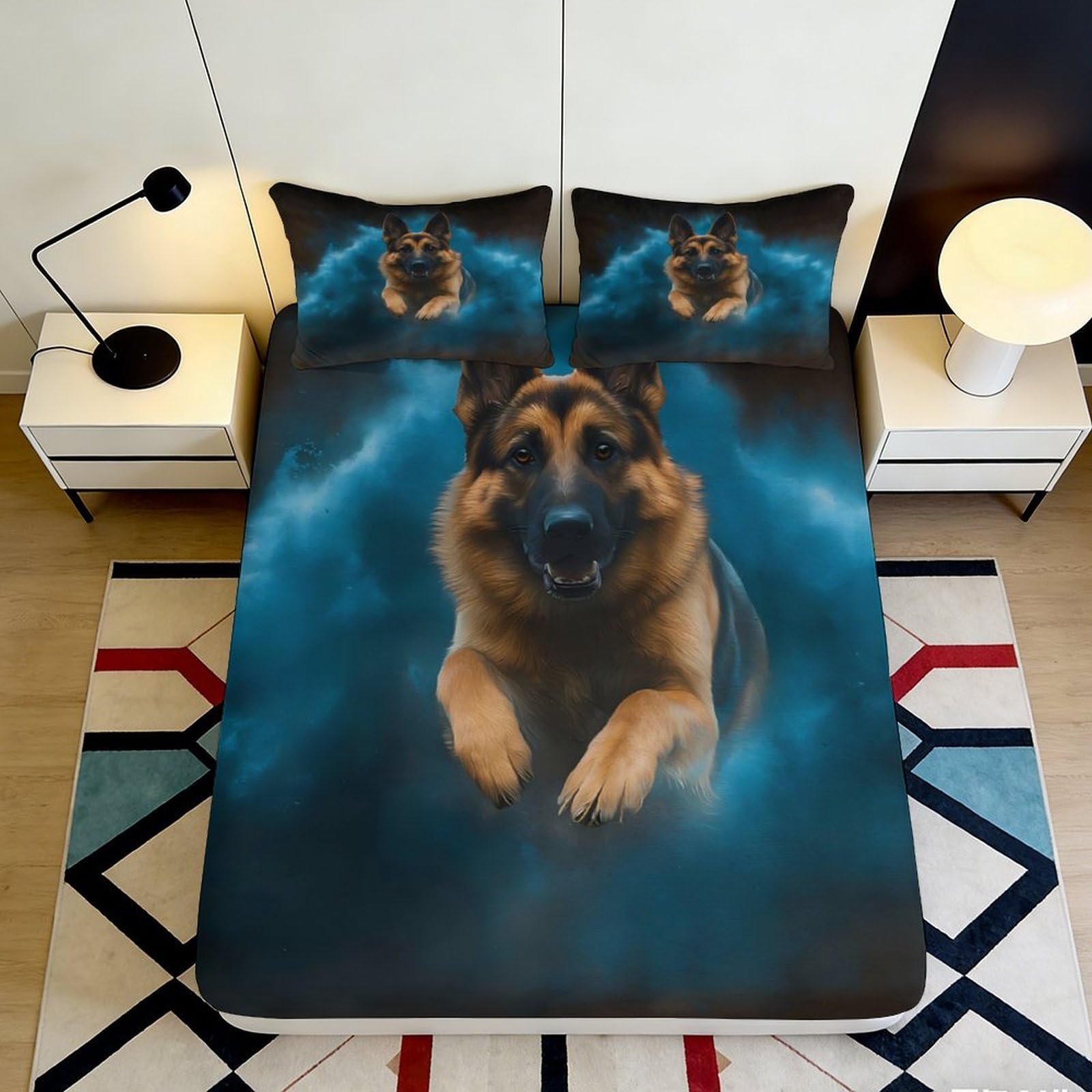 Jqzkxnhpbr Style-4 3D Printed German Shepherd Fitted Sheet Microfiber Anti-Slip Mattress Cover For Bedroom Dorm Modern Blue Dog Decor 90X200x25cm