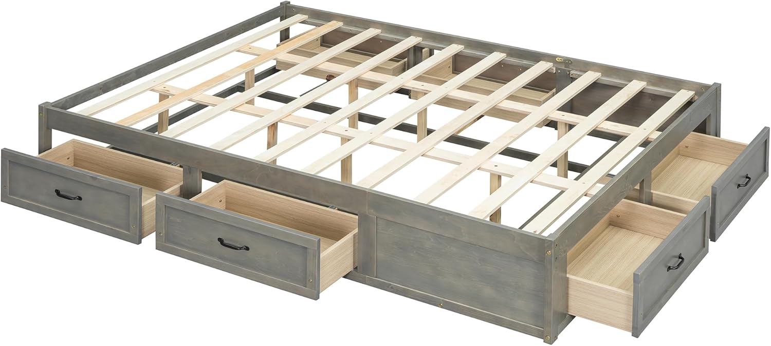 LZ LEISURE ZONE Queen Size Platform Bed, Wooden Queen Bed with 6 Storage Drawers, Antique Gray