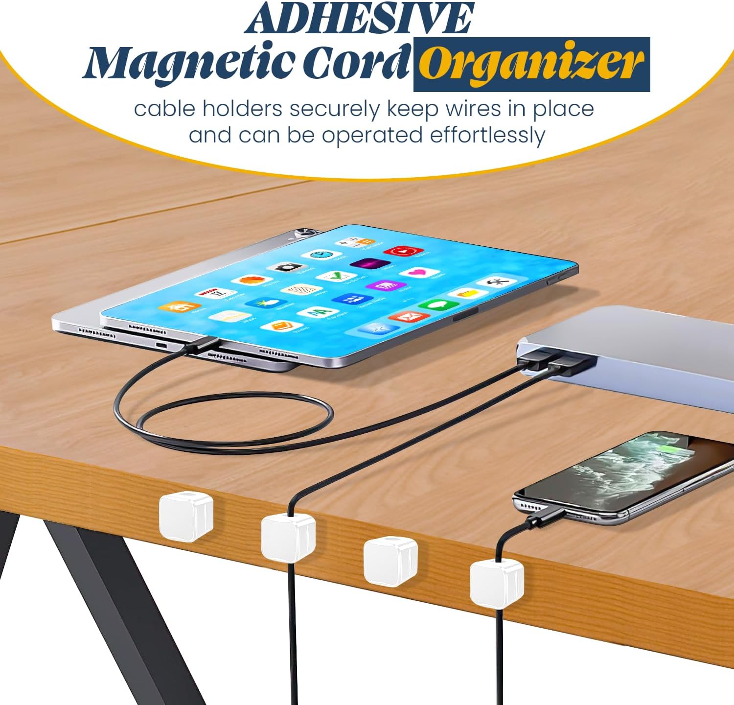 6 Magnetic Cable Organiser and Charger Cord Holder – Desk Cable Tidy for USB, Lightning, and Charging Cables – Magnetic Wire Clips for Home, Office, Bedside – Easy Cable Management Solution - (White)