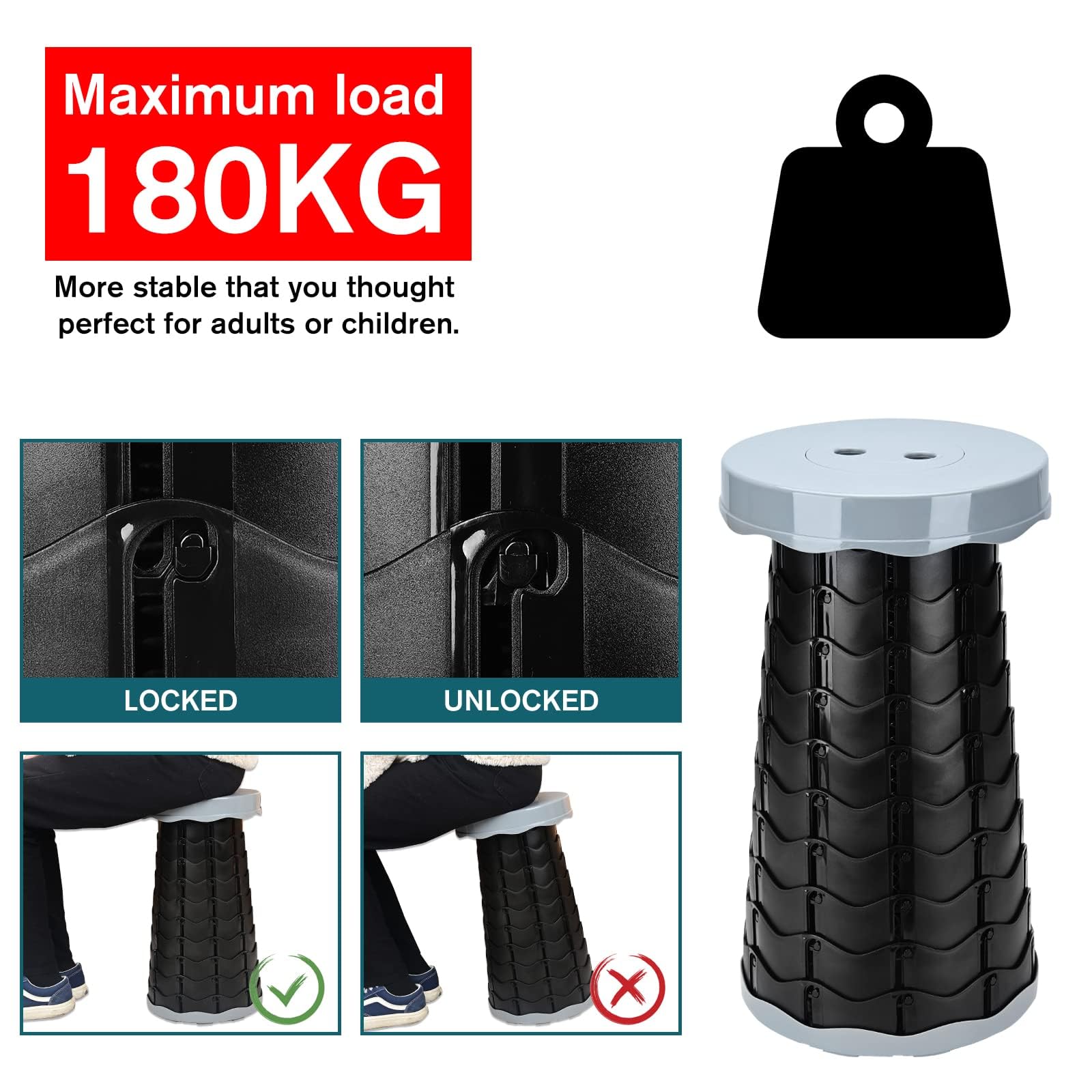 Podazz Tabouret Télescopique Réglable - Tabouret Camping Portable Charge Max 180kg/397lb Avec Sangle, Idéal Pêche, BBQ, Randonnée, Intérieur - Gris