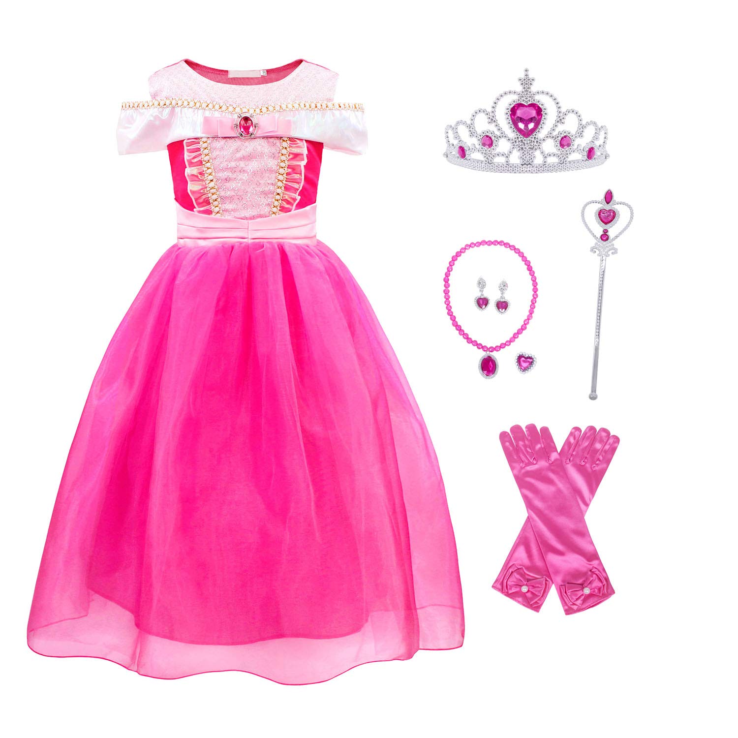 Jurebecia Aurora Dress for Girls Princess Costume Kids Cosplay Party Dresses Halloween Outfit with Accessories