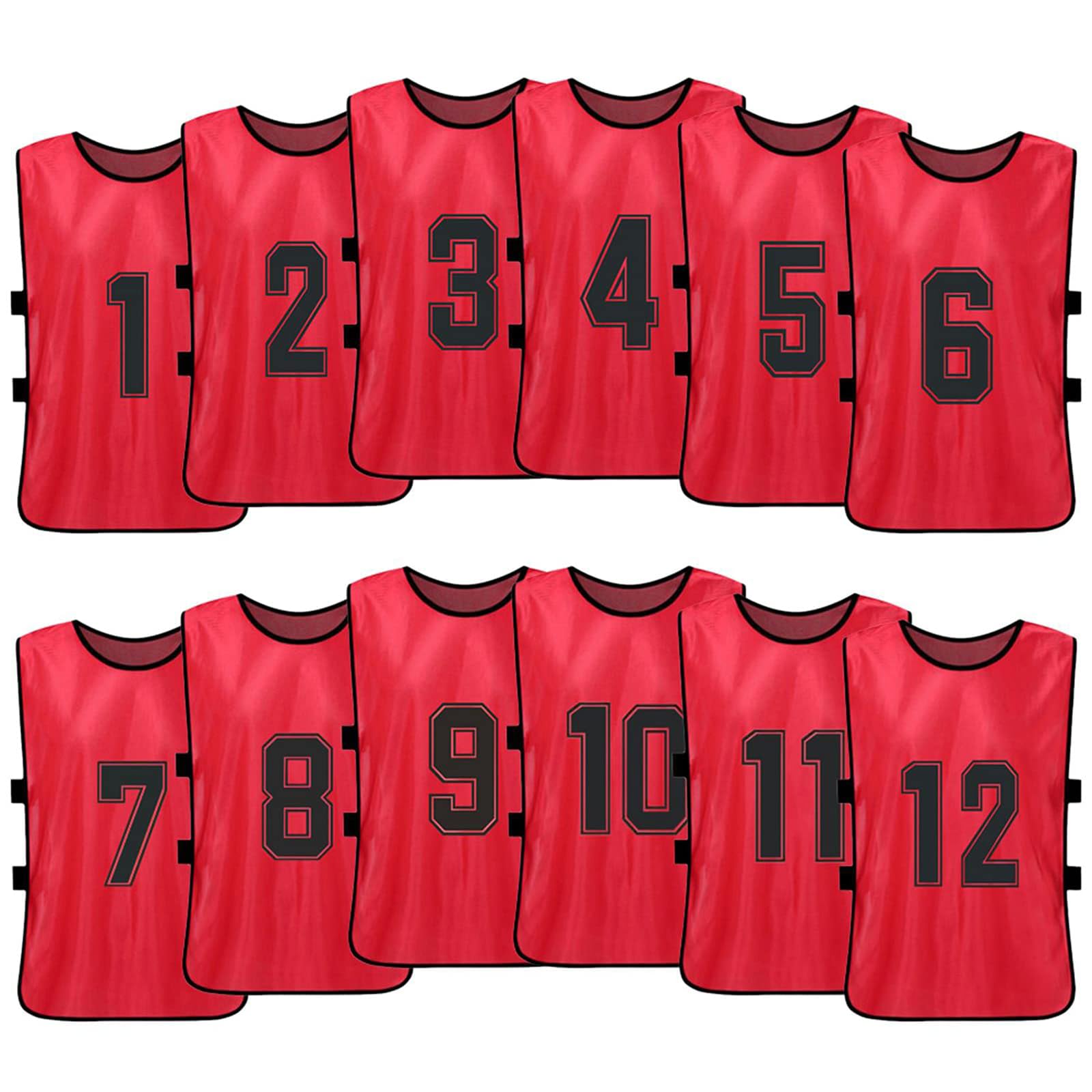 12 pezzi Gilet da Allenamento Calcio Adulti Riutilizzabile Pettorine per allenamento a squadre Gilet da allenamento scrimmage numerato da 1 a 12 in 6 colori,per Netball Rugby Calcio Formazione