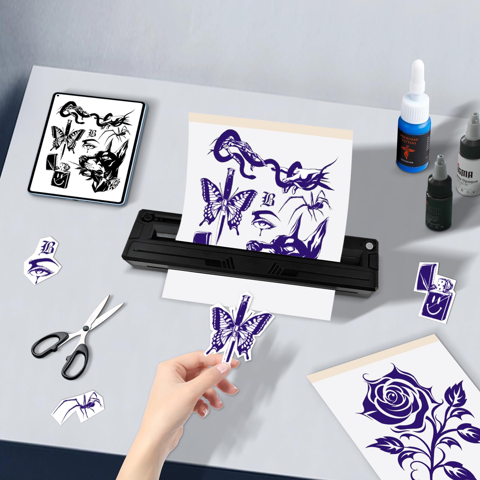 Thermocopieur Tatouage Bluetooth, Imprimante Thermique Stencil Transfert Machine à tatouer avec 10pcs Papier Stencil Transfert Tatouage+Papier Thermique A4 pour débutants et Artistes
