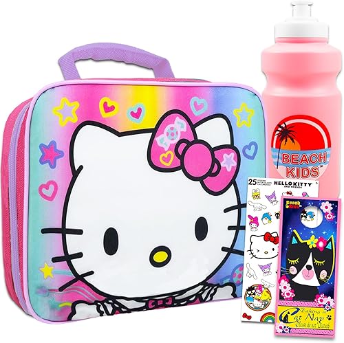 Hello Kitty Juego de lonchera para niñas Paquete con bolsa de almuerzo Hello Kitty más calcomanías, botella de agua, más Contenedor de almuerzo