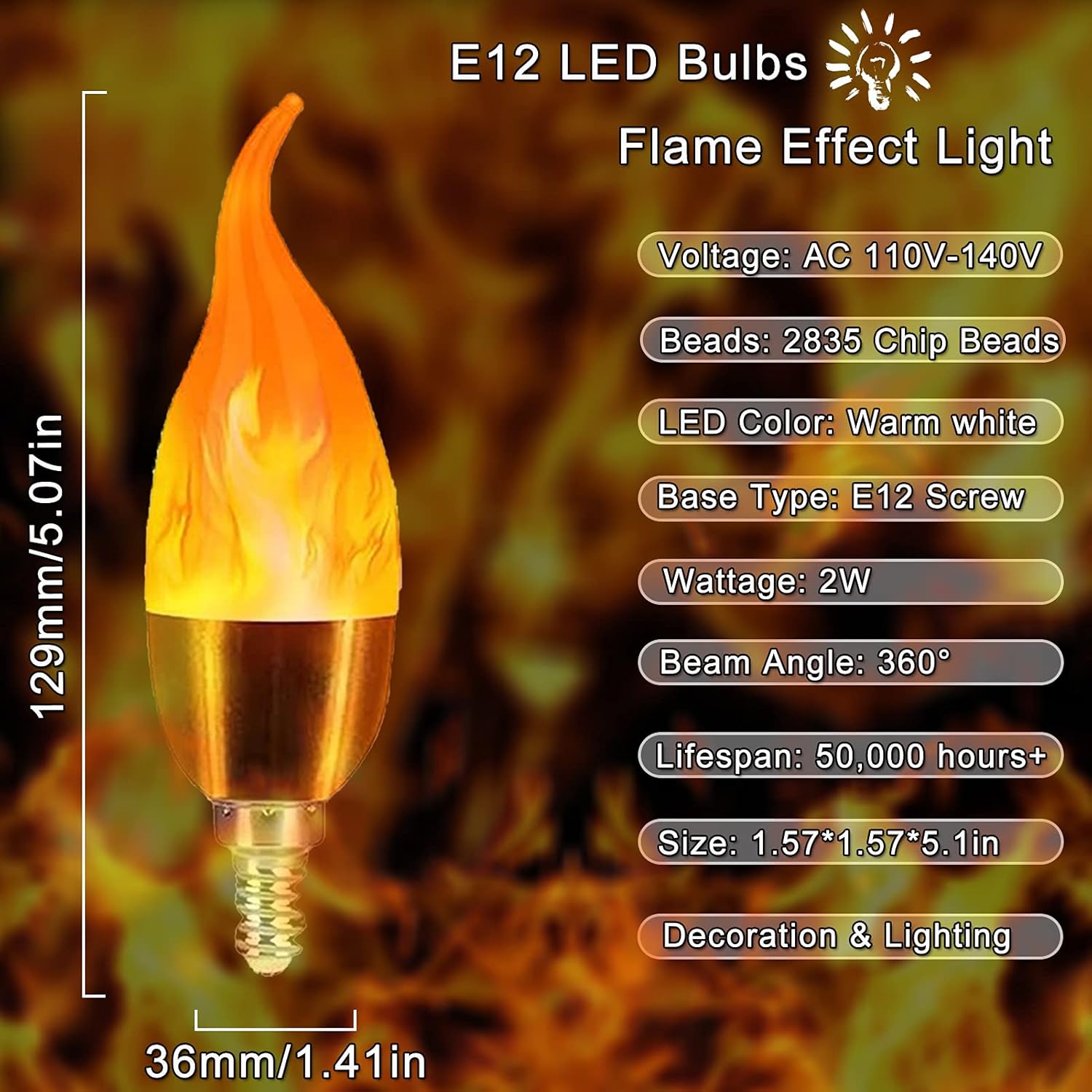 6 Pack E12 LED Bulb Upgrade Flame Effect Light Bulbs, 3 Mode LED Candelabra Warm White Flickering Chandelier Light Bulbs for Indoor Outdoor Christmas Party Decorations,E12,6 Pack