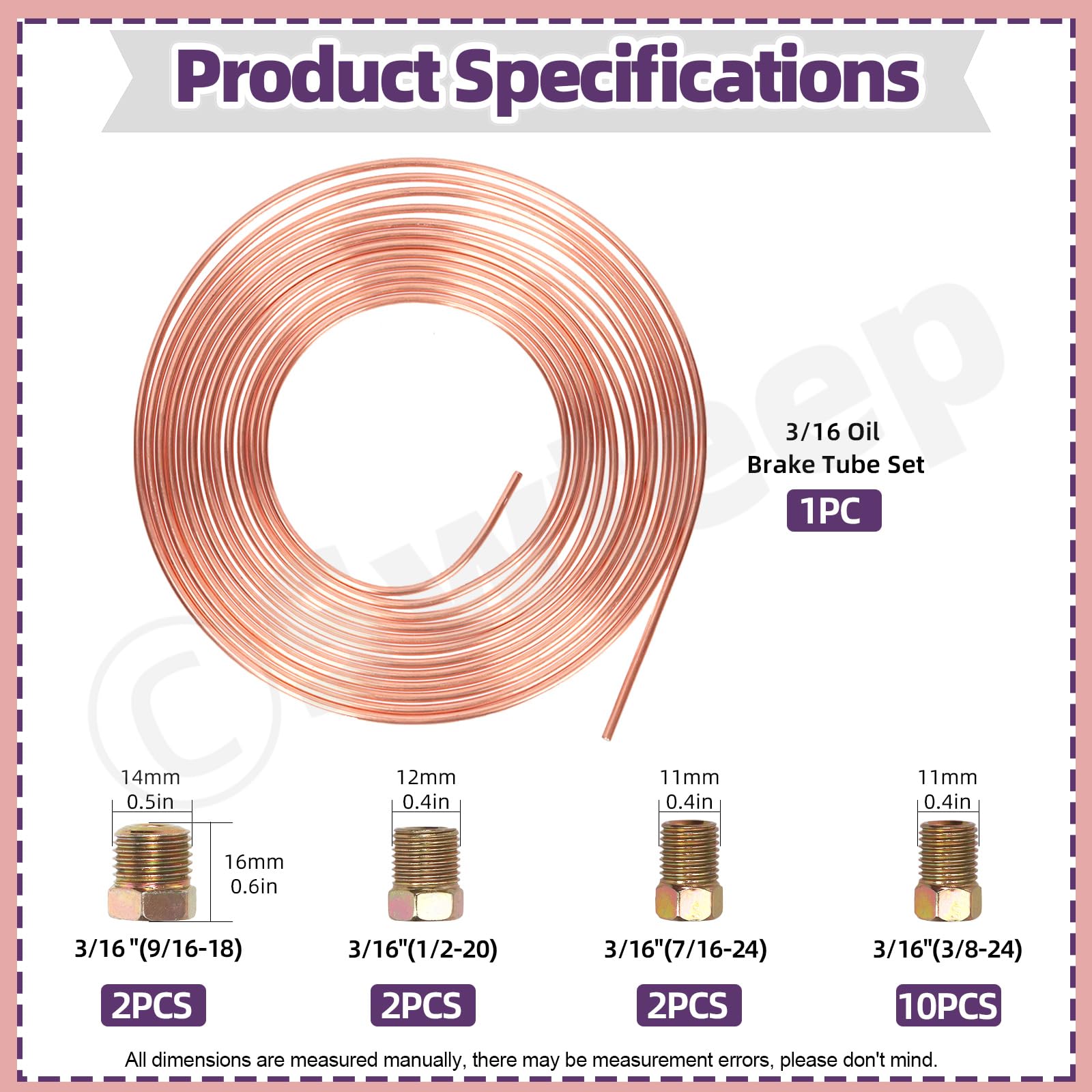 Swpeet 17Pz in Set Rame Rivestito 25 ft 3/16" Kit Tubo Linea Freno, Include 16 Raccordi, Completo Freno di Ricambio o Tubo Carburante, Facile Piegare a Mano (0.028) Spessore Parete, Filo SAE