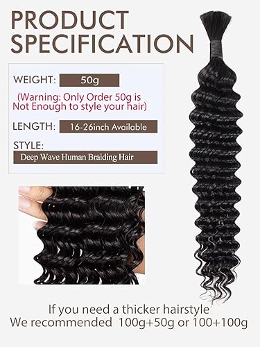 Miniatura 2 de 1 paquete de 1 paquete de 1.76 oz (50 g), 16 pulgadas, cabello humano ondulado de agua profunda a granel para trenzar sin trama 10A, extensiones de