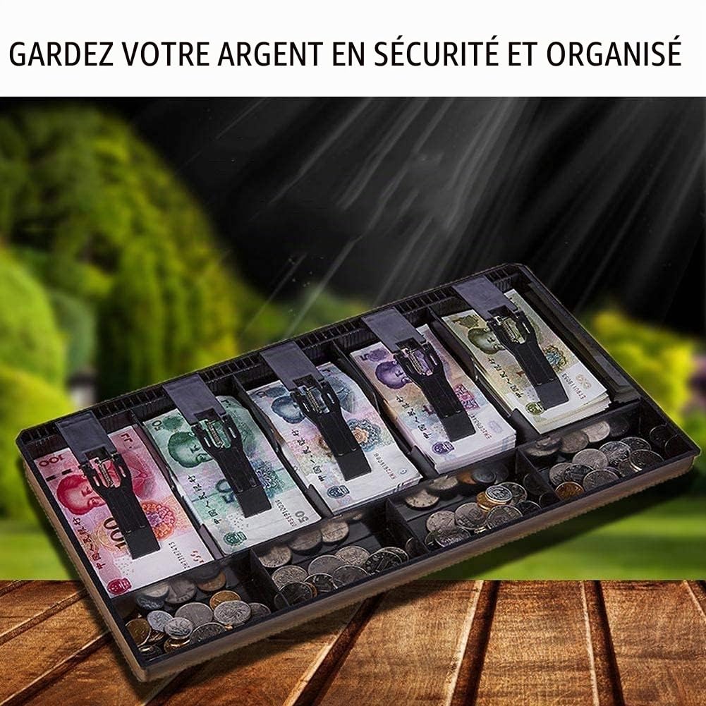 Tiroir Caisse, 40,5 * 24,5 * 3,5cm Plateau de Caisse, Organisateur de Monnaie, Caisse Monnaie 9 grilles avec 5 billets et 4pcs de monnaie, tiroir-caisse amovible pour système de point de vente(Noir)