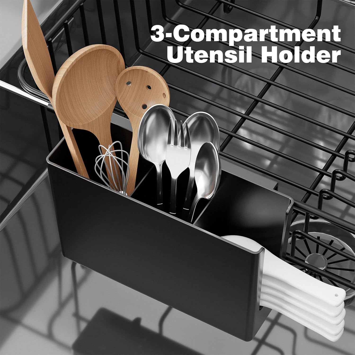Dish Drying Rack in Sink: Expandable, 3-Slot Utensil Holder, Anti-Slip Handle. Small Dish Rack: Ideal for Small Households. Kitchen Drying Rack: Black