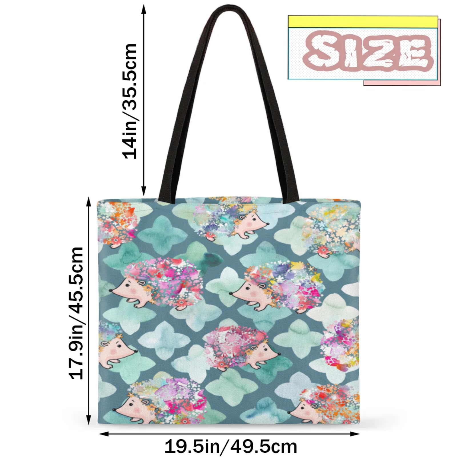 Mularoka Watercolour Flower Hedgehog Square Canvas Tote Bag Top Handle Purses Stylish Women Canvas Shoulder Tote Bags Reusable Handbags for Work Travel Picnic Beach Shopping Gym Hiking