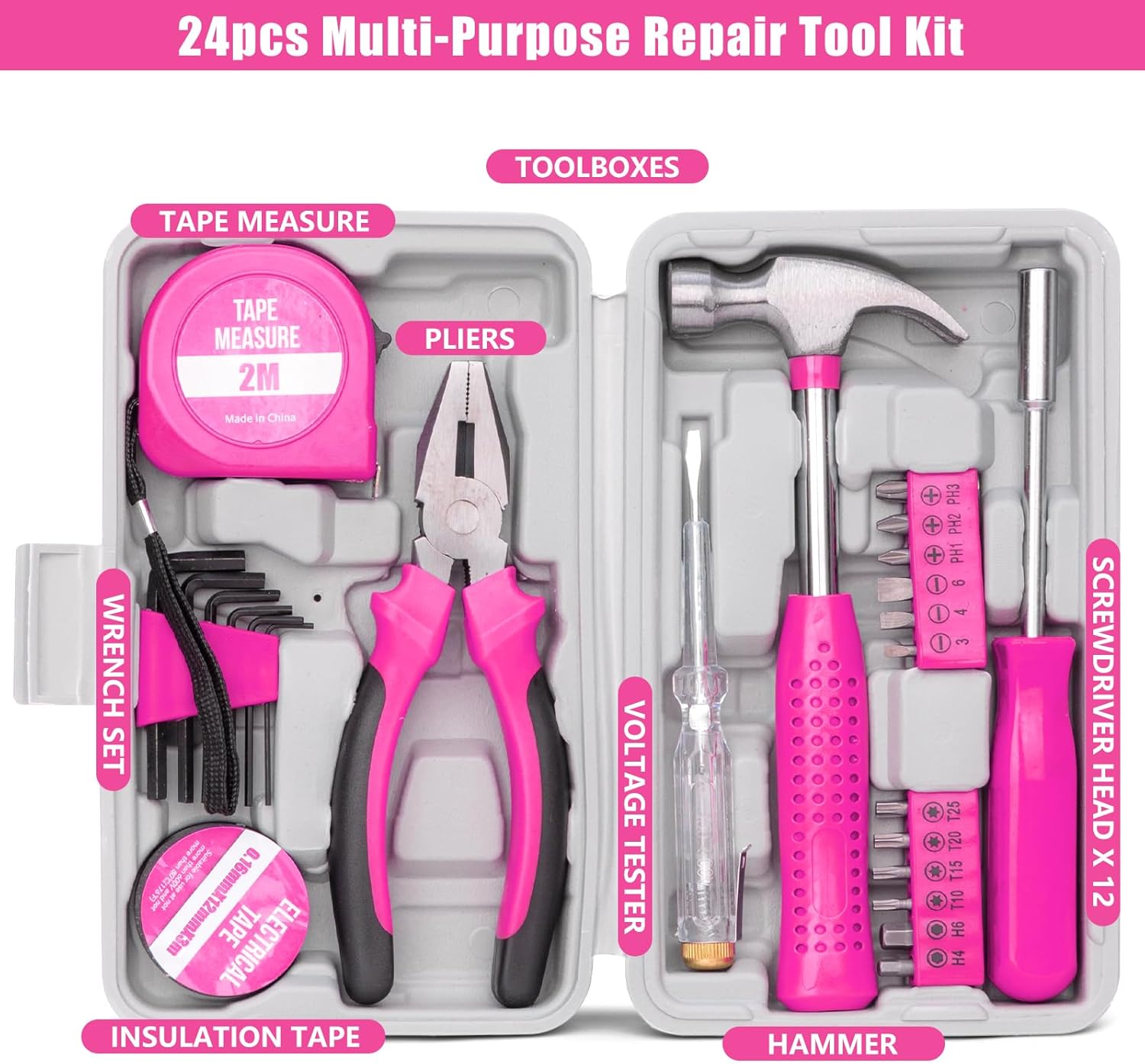 Car Roadside Emergency Kit, Vehicle Truck Safety Emergency Road Side Assistance Kits with Jumper Cables, Auto Air Compressor Tire Inflator, Pink