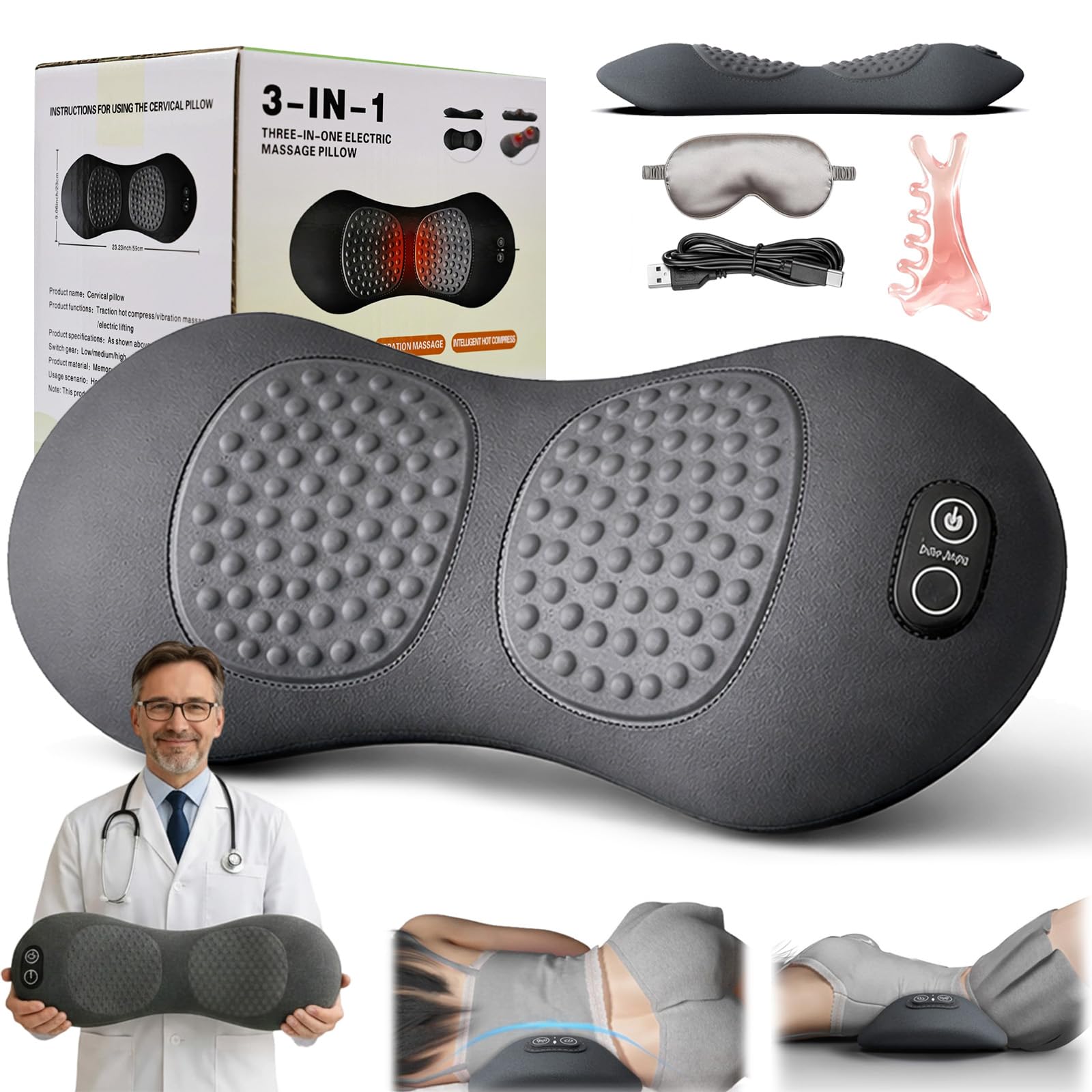 2026 Masseur LombaTech 3 en 1 Décompression Vertébrale à Domicile, Masseur Lombaire Sciatique, Appareil Dos Traction Chauffage Vibrations, Soutien Ergonomique Soulagement Sommeil (Gris Foncé,USB)