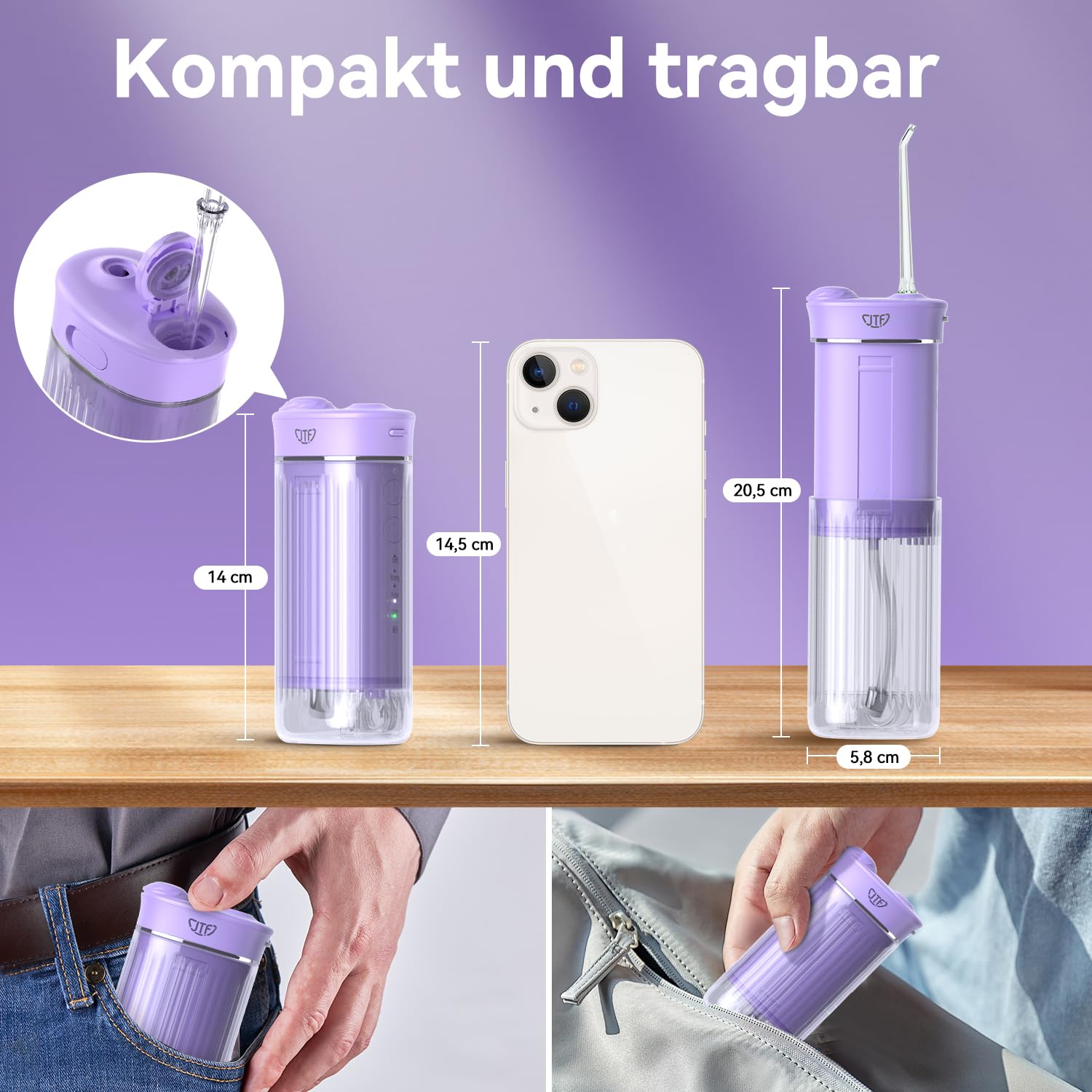 JTF Hydropulseur Jet Dentaire Portable Mini, Électrique Voyage Irrigateur Oral Detartreur Avec 5 Buses Rechange, 4 Modes Water Flosser, 230 ML Réservoir D'eau Escamotable, IPX7 Étanche(Violet)