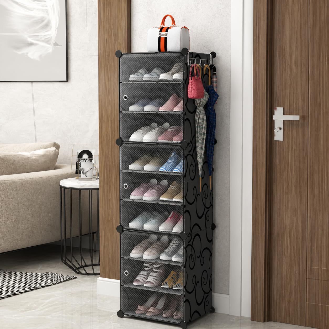 DecorTwist® Modular Plastic Storage Cabinet with Doors | DIY Shoe Rack & Multipurpose Organizer for Home | Available in Plain & Patterned Panels (Black – Plain, Triple Door | 9 Shelves)-image-31