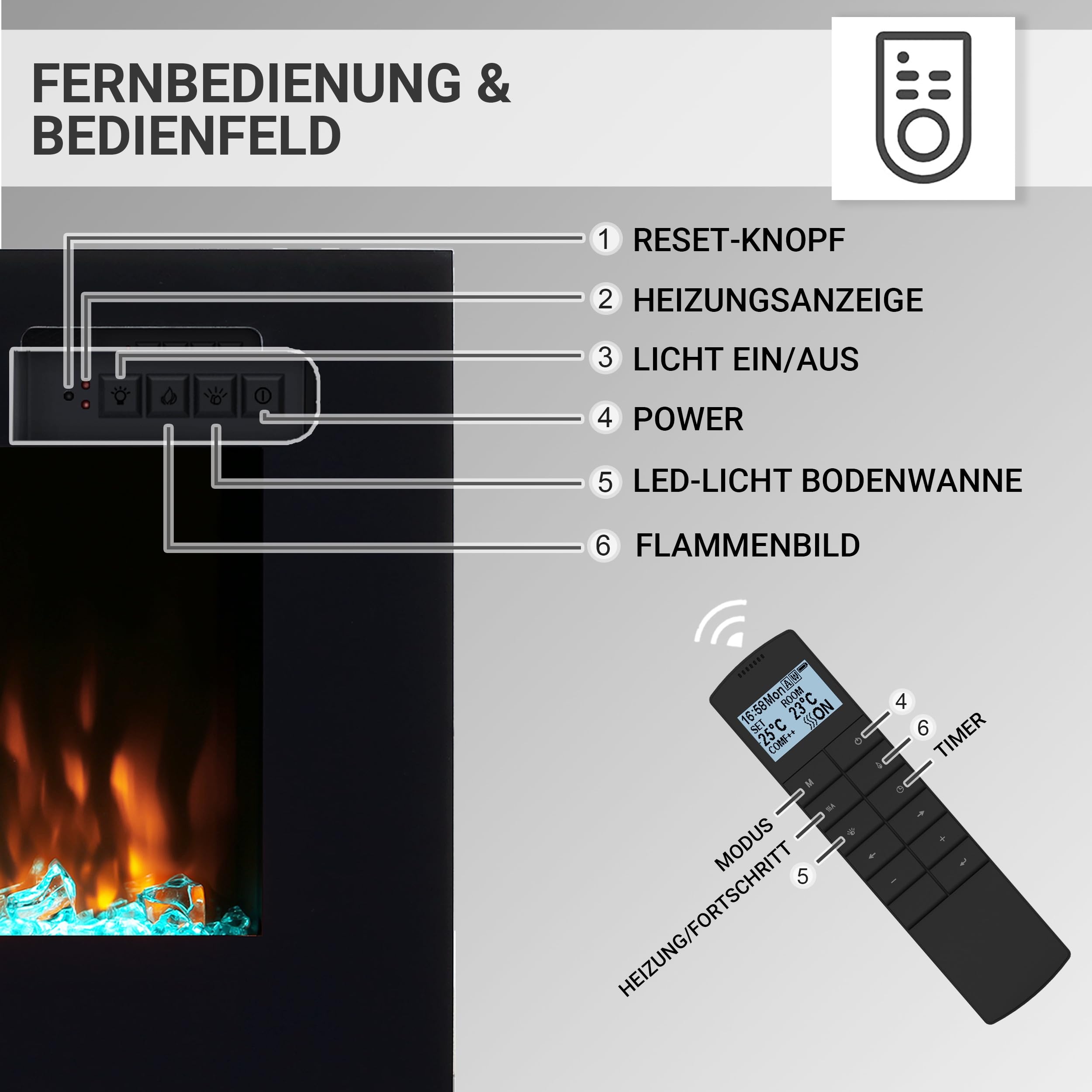 BALDERIA Elektrischer Einbaukamin Fiamma 68" Schwarz | 3D-Flammeneffekt, Heizung 2000W, LED-Beleuchtung, Kamin mit Fernbedienung, Timer, Startsteuerung & Thermostat