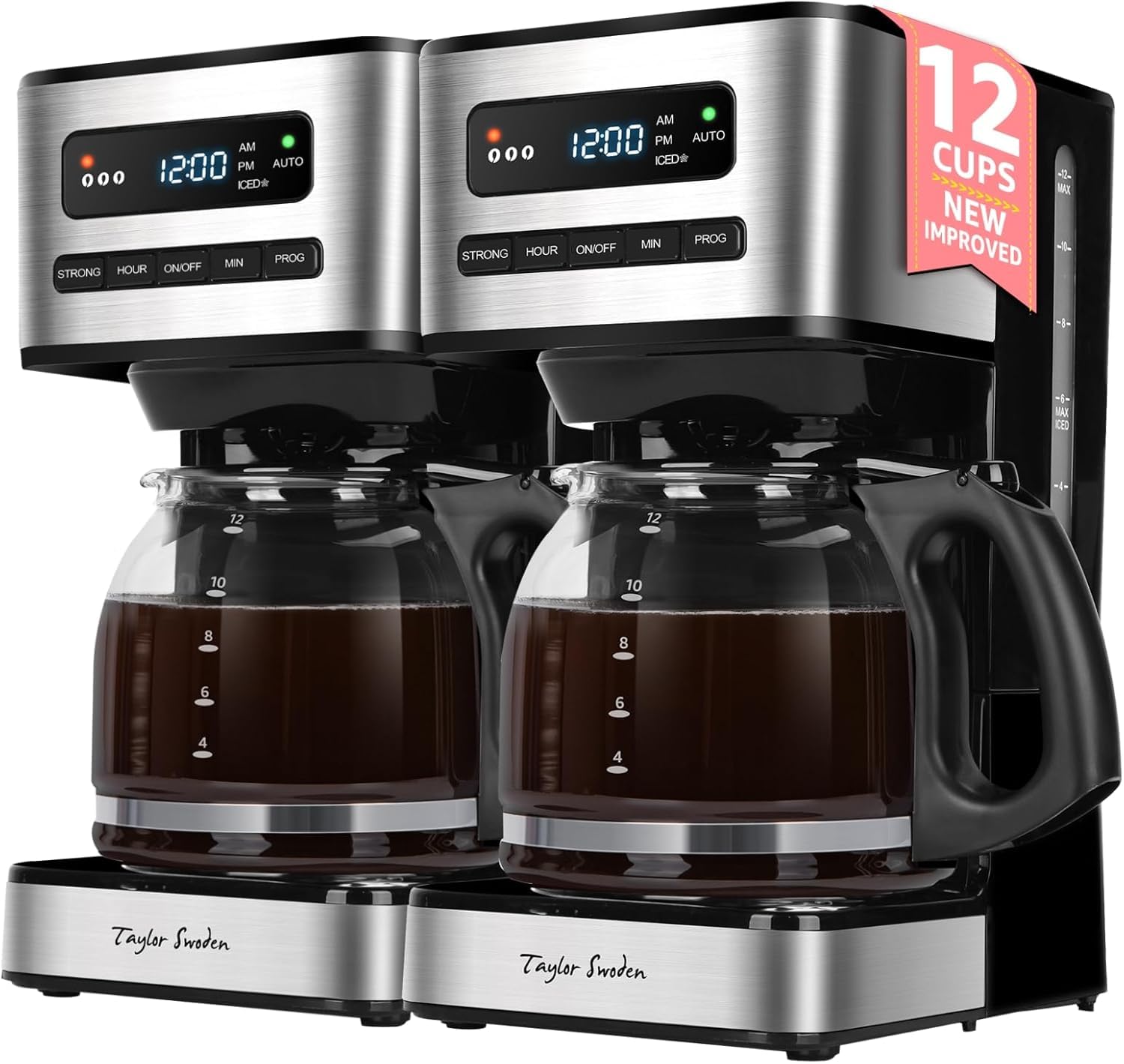 Taylor Swoden Kaffeemaschine 1,8L mit 24H Timer, Eiskaffee-Modus, 3-stufige Stärkeauswahl automatische Reinigung, Filterkaffeemaschine mit Glaskanne & Tropf-Stopp, Selbstreinigung