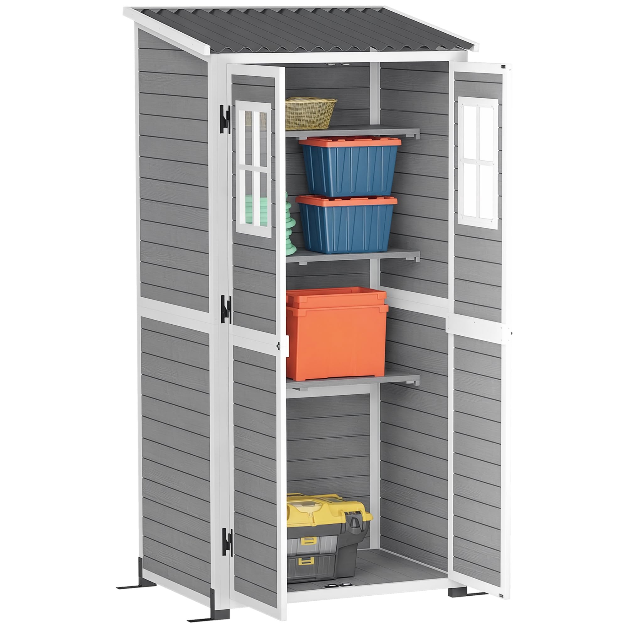 Outsunny Capanno Porta Attrezzi da Giardino in Legno di Abete con 2 Finestre e Ripiani Regolabili, Casetta Attrezzi Giardino Bloccabile, Tetto Spiovente per Patio Terrazza, 91x69x192cm, Grigio Chiaro