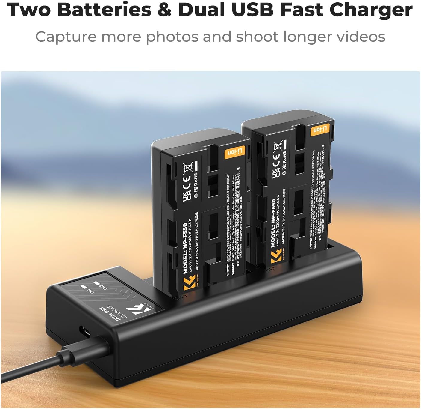 K&F CONCEPT NP-F550 Battery 2-Pack and Dual LCD Battery Charger Compatible with Sony NP-F570, F550, F750, F770, F930, F950, F960, F970 Batteries, LED Lights, Monitors, and Camera Sliders