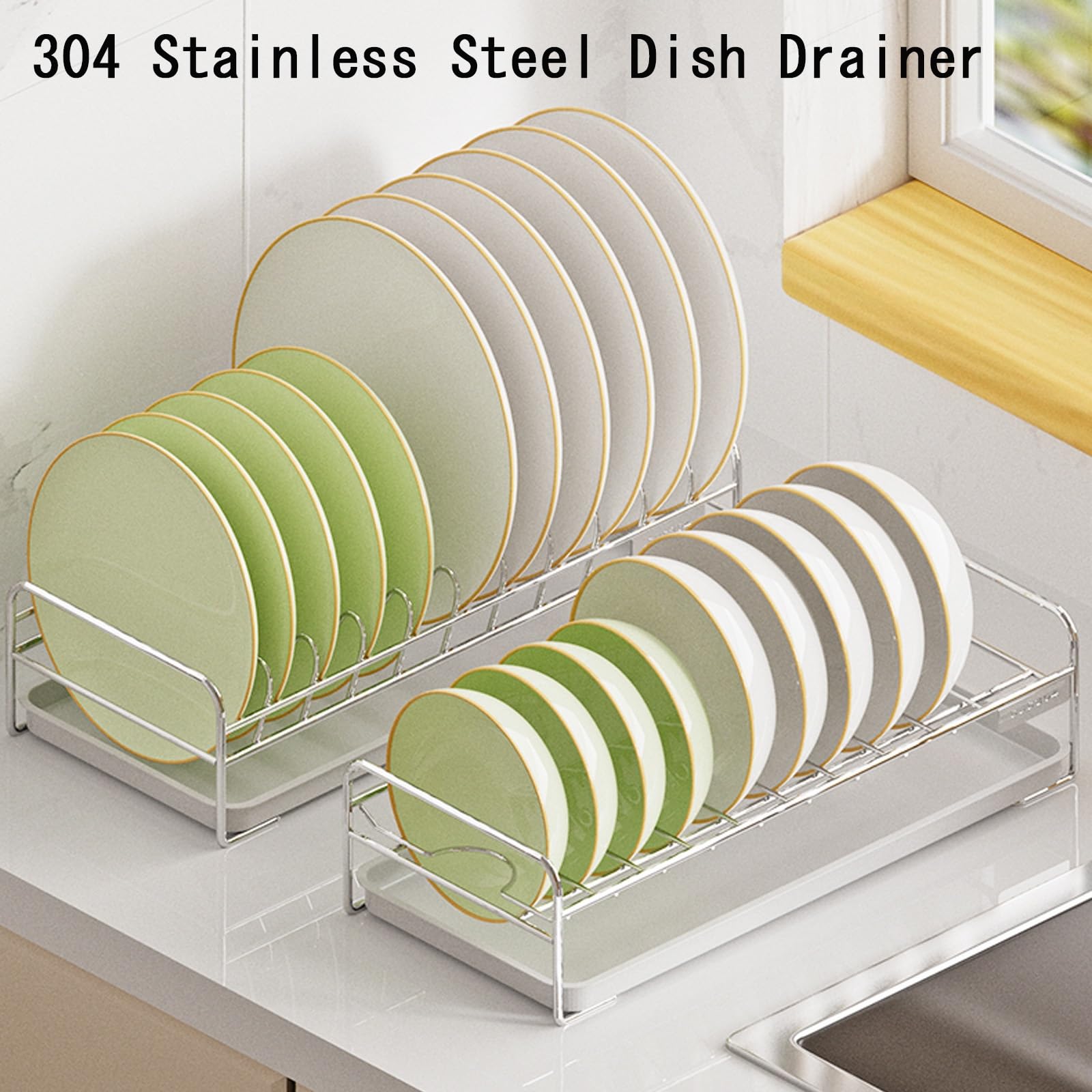 Geschirrhalter für die Küche, Einlagiges Abtropfgestell aus silbernem Edelstahl mit Teller, Schüsselablagen und ausziehbarem Tablett(Bowl Racks)