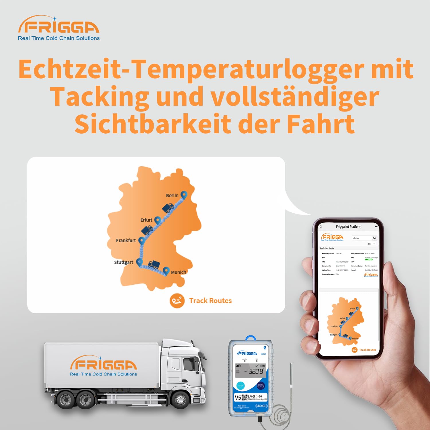 Frigga V5J 4G/5G Echtzeit-Temperatur-Datenlogger mit extra niedrigem externem Fühler Einmalig 28800 Punkte Digitaler Temperatur-Fernschreiber 60 Tage für Trockeneis Flüssigstickstoff-Transport