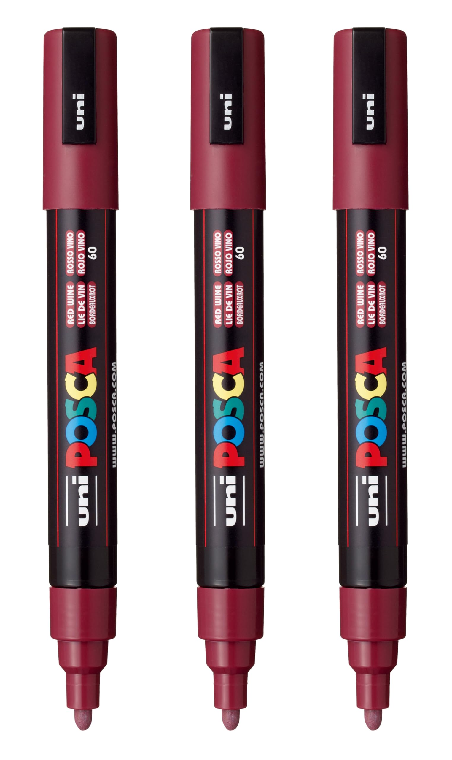 posca PC-5M Water-Based Paint Markers, Reversible Medium Tip (1.8-2.5mm), Red Wine, 3 Count
