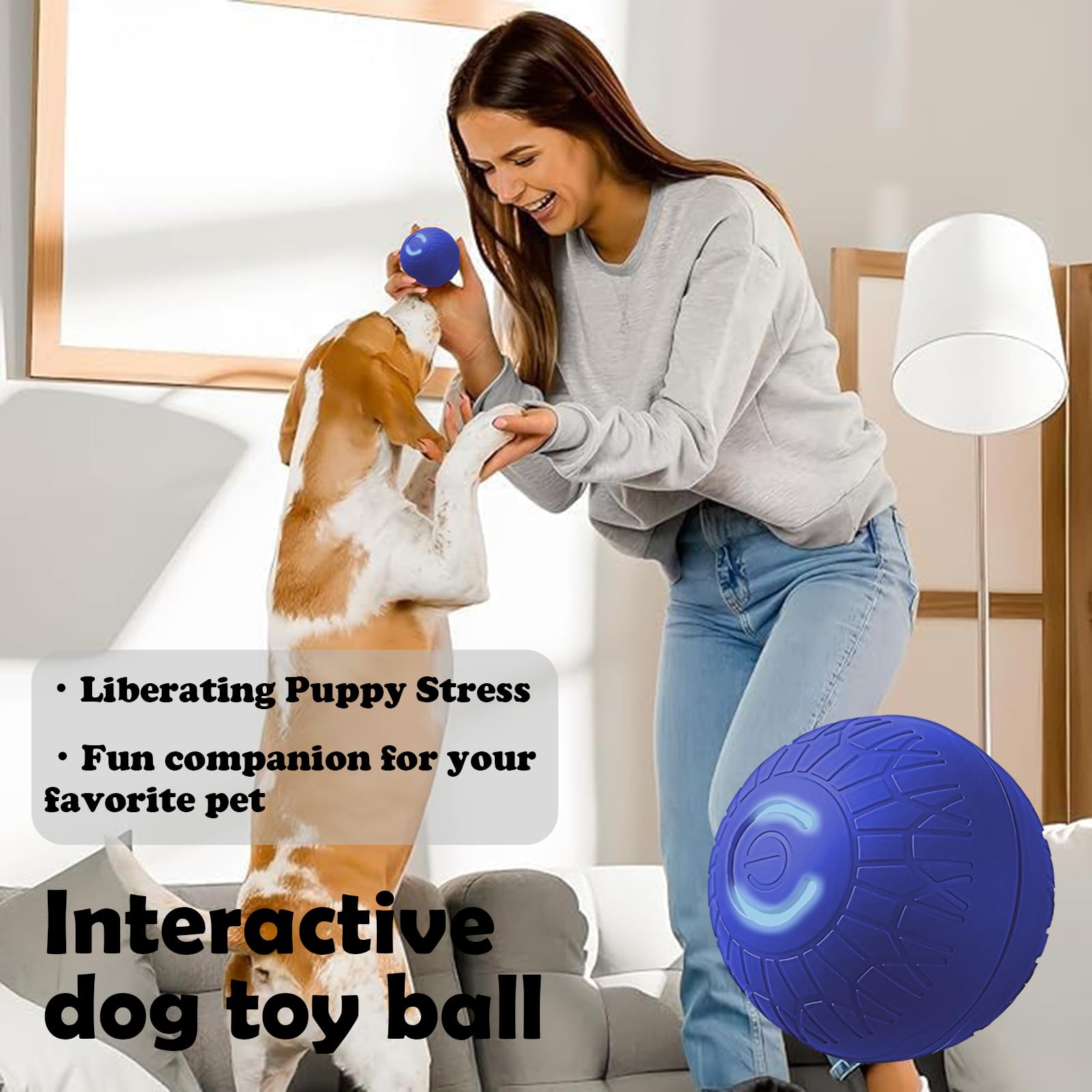 Duraspin Balle interactive pour chien, auto-rebondissante, vibrante et enroulable, arrêt automatique, jouet pour chiens de taille moyenne/grande (S, bleu)