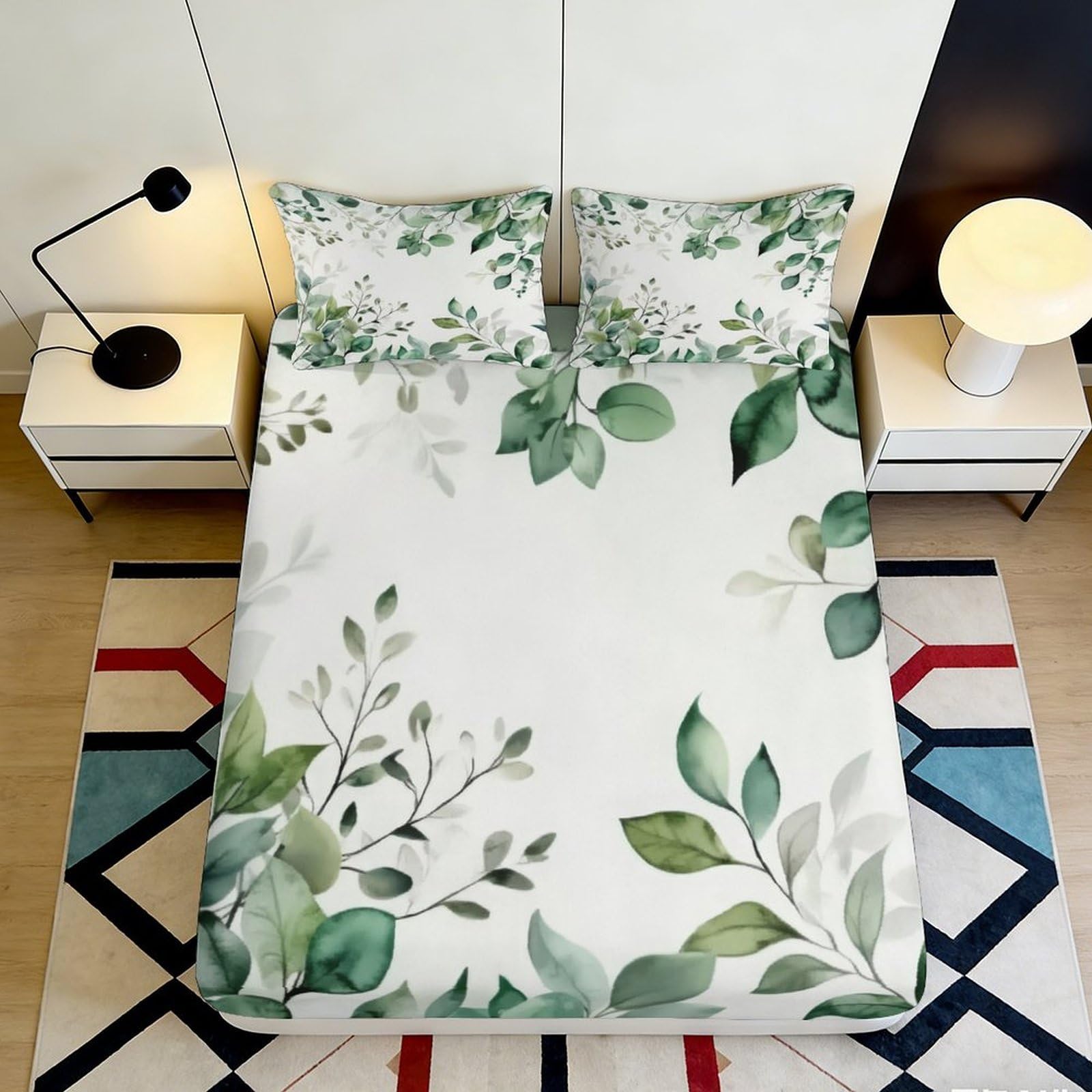 Pnayamiorkfel Style-1 3D Printed Green Leaf Botanical Fitted Sheet Microfiber Soft Breathable Watercolor Plant Mattress Cover For Bedroom Guest Room 90X200x25cm