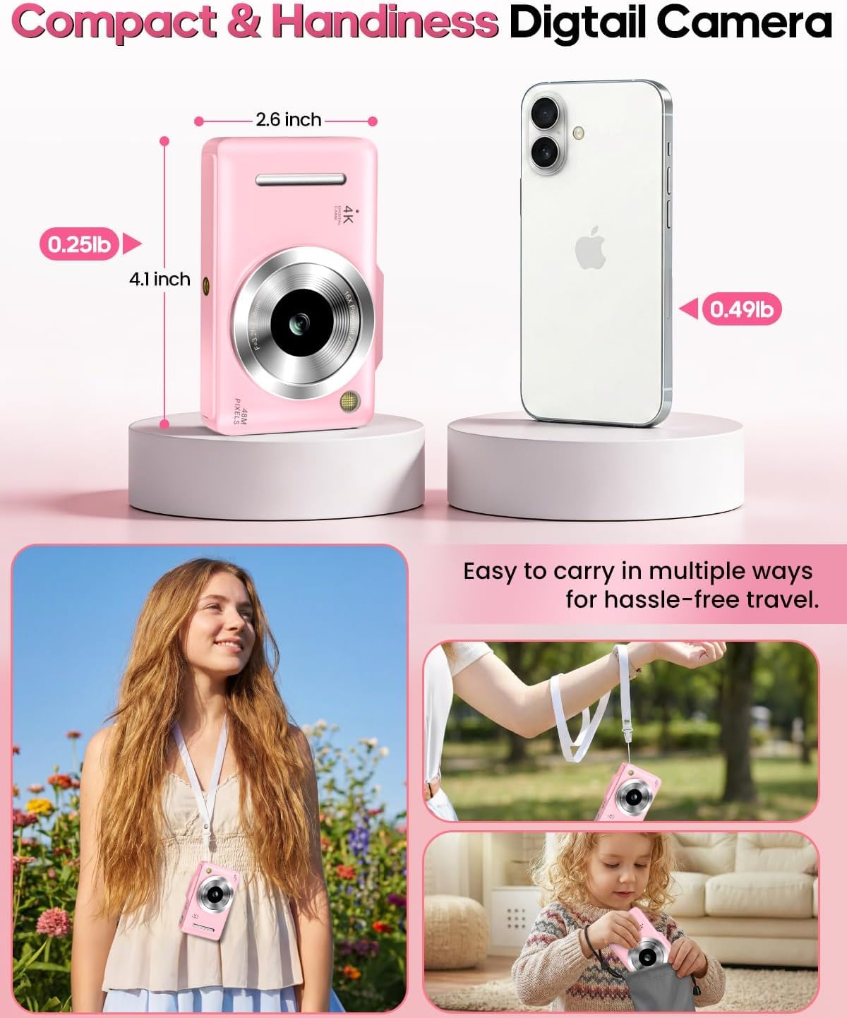 Cámara digital 4K para niños, cámara de vlogging de enfoque automático de 48 MP con tarjeta de 32 GB, zoom de 16X, antivibración, cámara compacta de apuntar y disparar para adolescentes principiantes