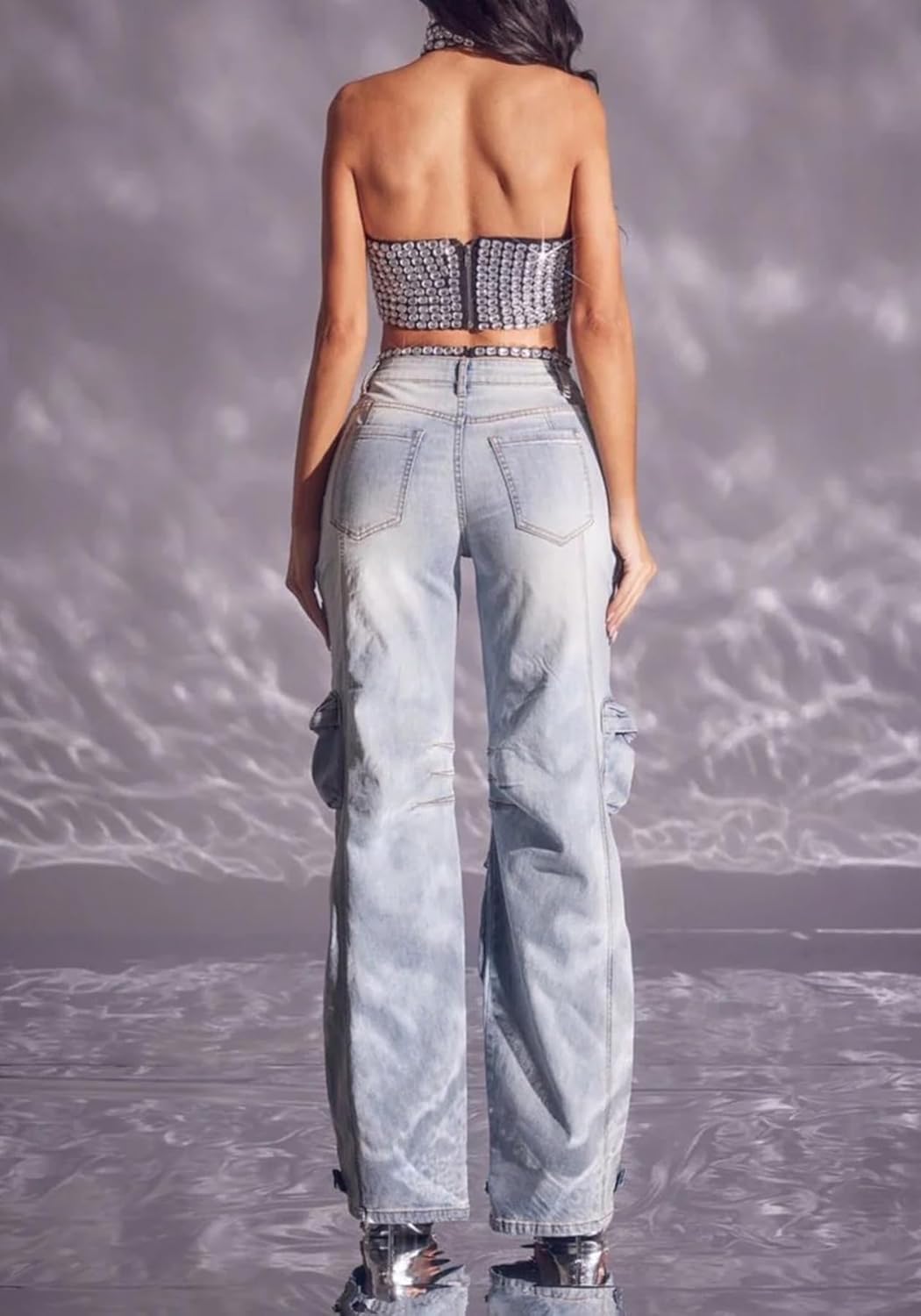 LETSVDO Women's Rhinestone Cargo Jeans High Waisted Wide Leg Baggy Sexy Ripped Cut Out Distressed Stretch Denim Pants - Image 8