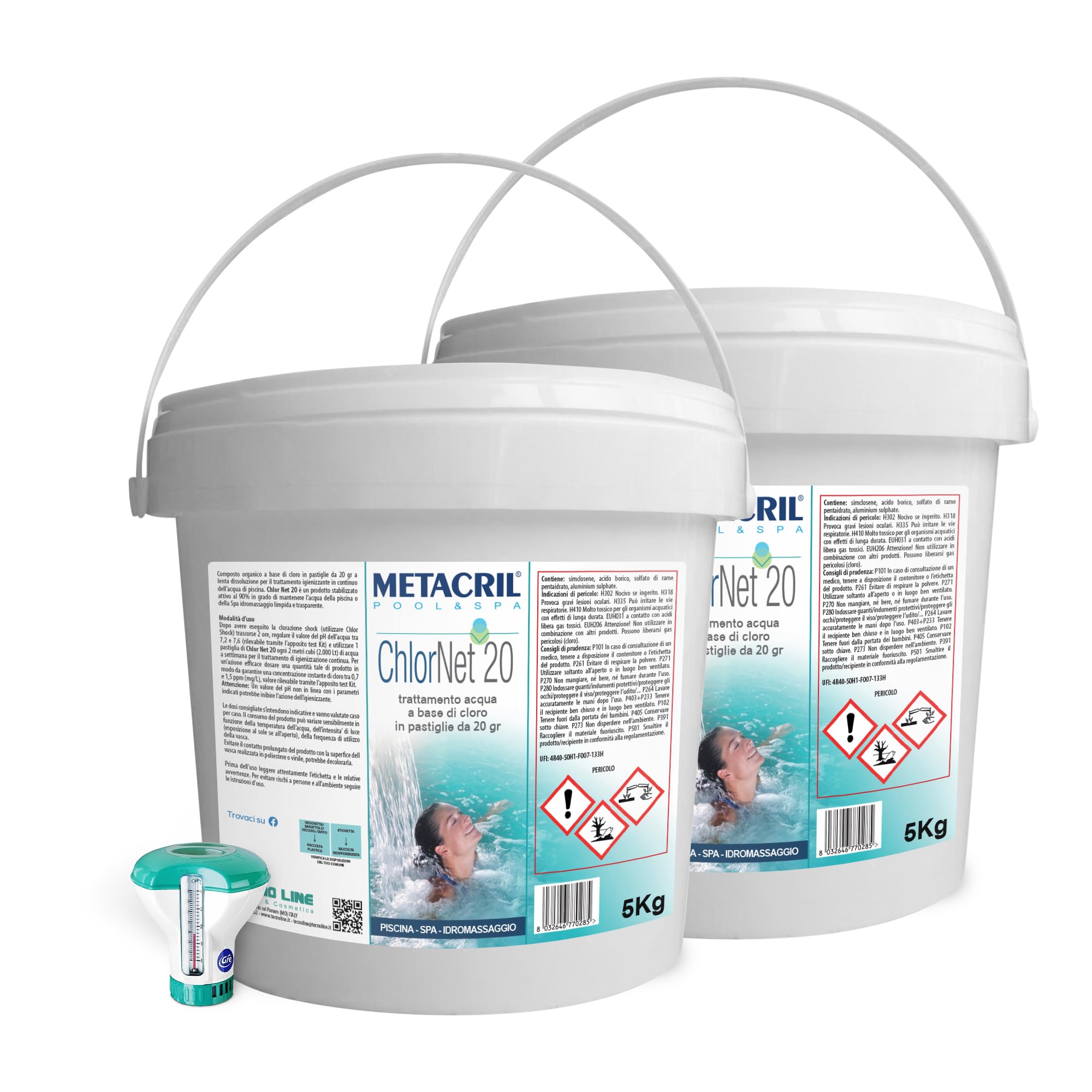 Metacril Chlor Net 20 + Distributeur Flottant avec thermomètre, tablettes de Chlore 20 g, pour Piscine et Jacuzzi - 10 (5+5)