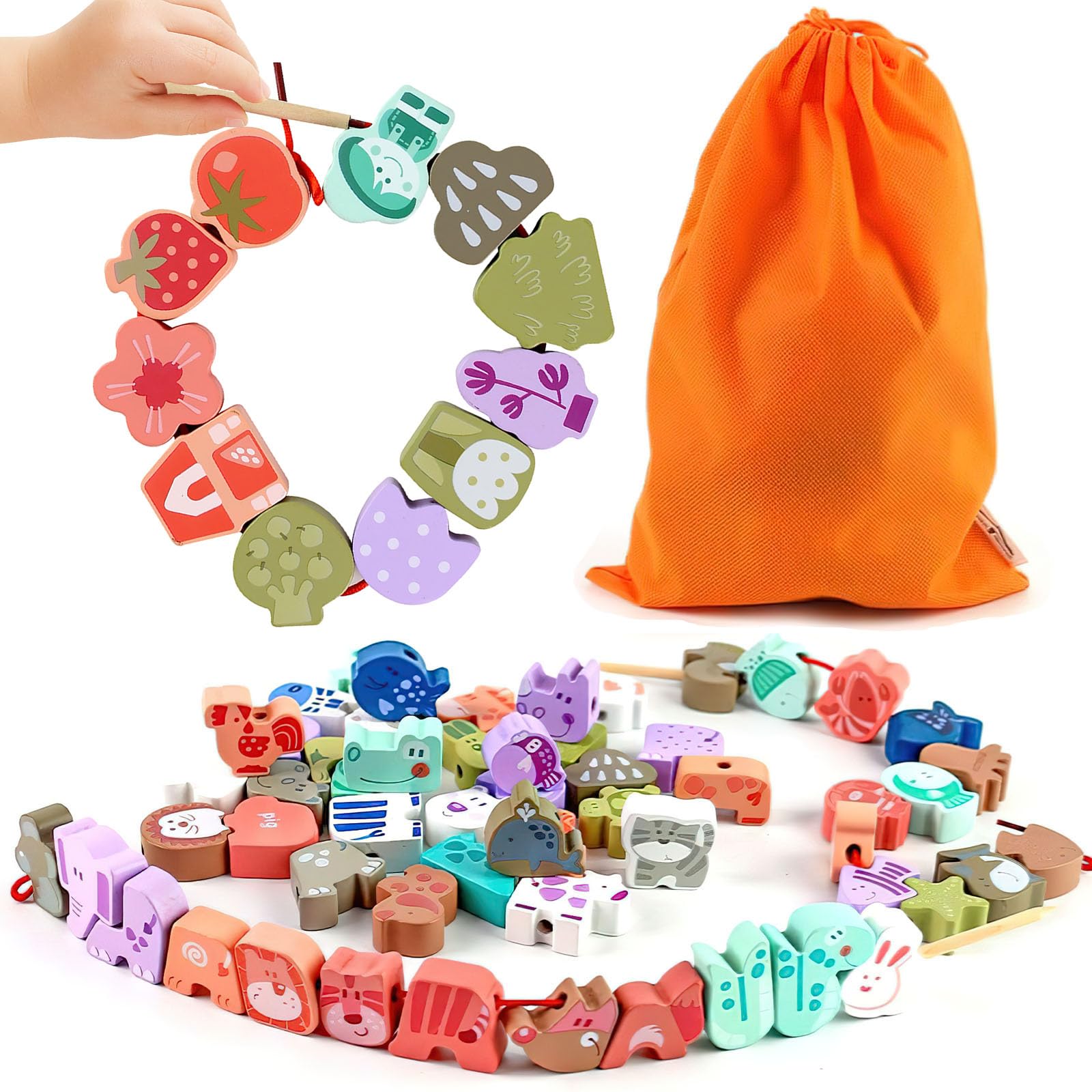 LovesTown 67 PCS Wooden Lacing Beads for Toddlers,Lacing Toys with Storage Bag,Animal Fruit Shapes Stringing Kit for Kids Birthday