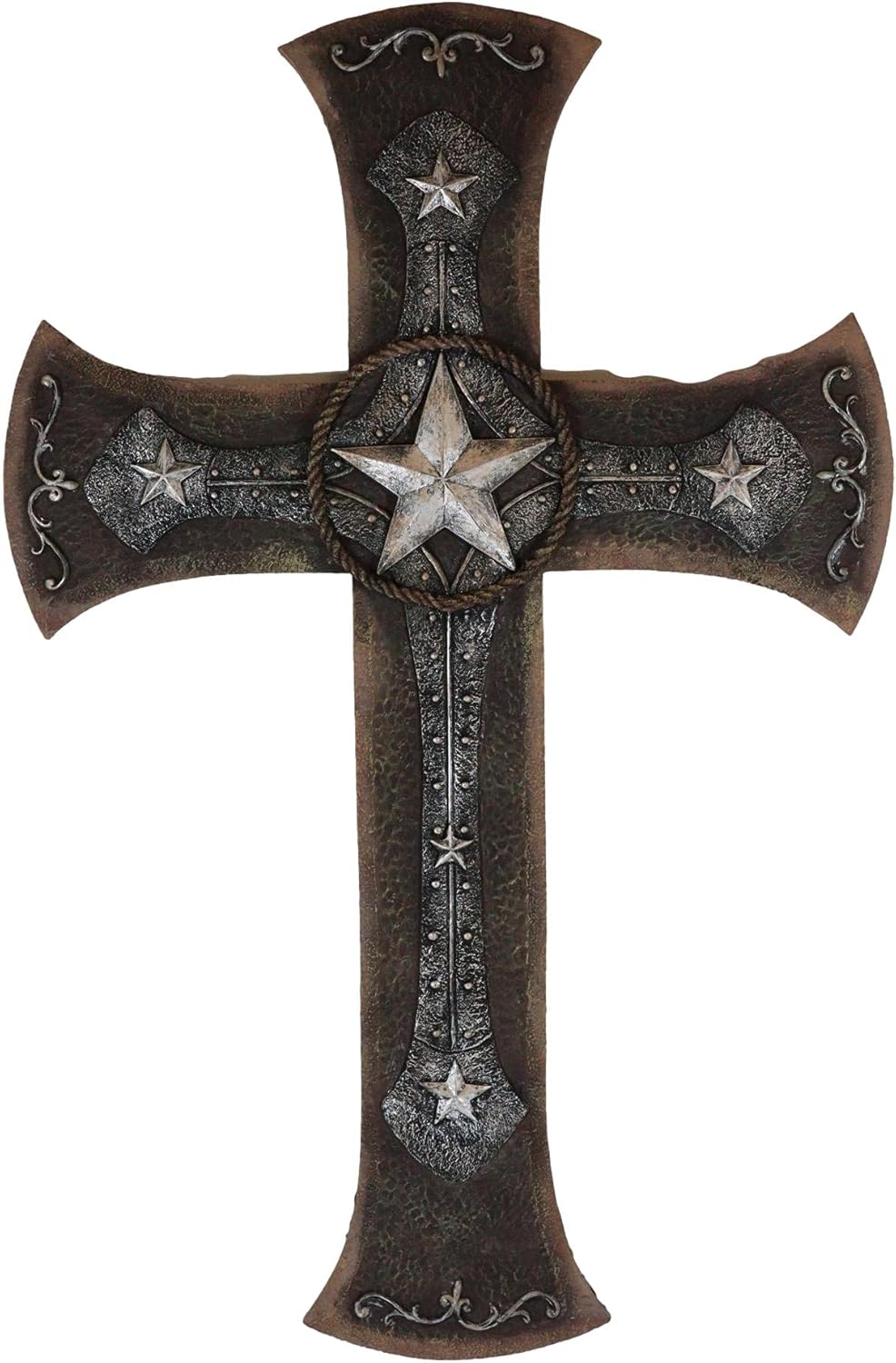 Ebros Gift Large 21" High Rustic Western Star with Braided Ropes Borders and Scroll Lace Layered Wall Cross Decor Plaque Sculpture Lone Stars Nail Spikes Catholic Christian Accent Decorative Crosses