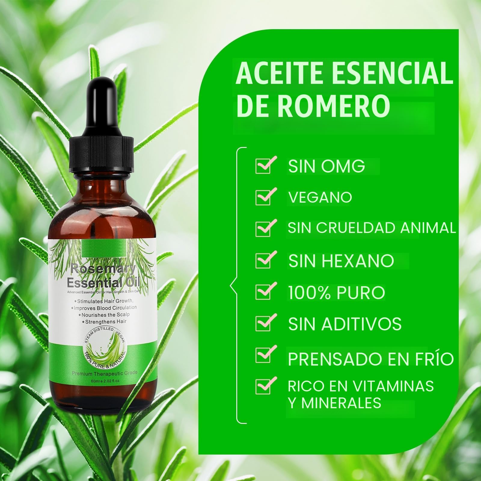Aceite de Romero 100% puro para Crecimiento del Cabello 60ml con Masajeador de Cuero Cabelludo