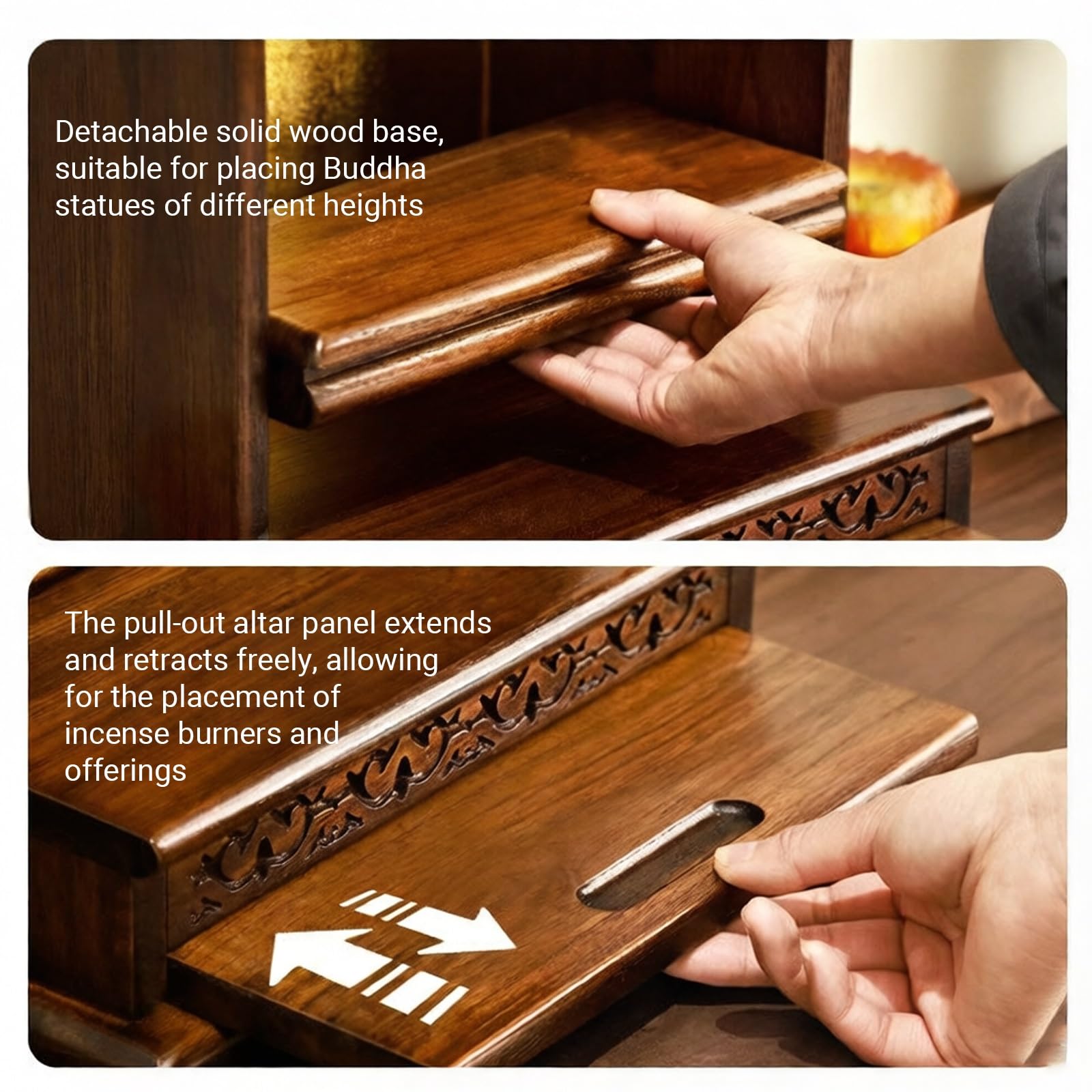 Mobile da altare for santuario buddista in legno di teak montato a parete con cassetto e luce(Desktop)