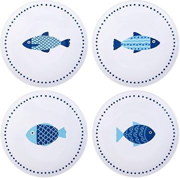 10 Inch Melamine Dinner Plates Set of 4 Lightweight & Break-Resistant Dishes, Coastal Blue Ocean Fish Design, Reusable Plates for Indoor/Outdoor Use, Unbreakable Dessert Plate