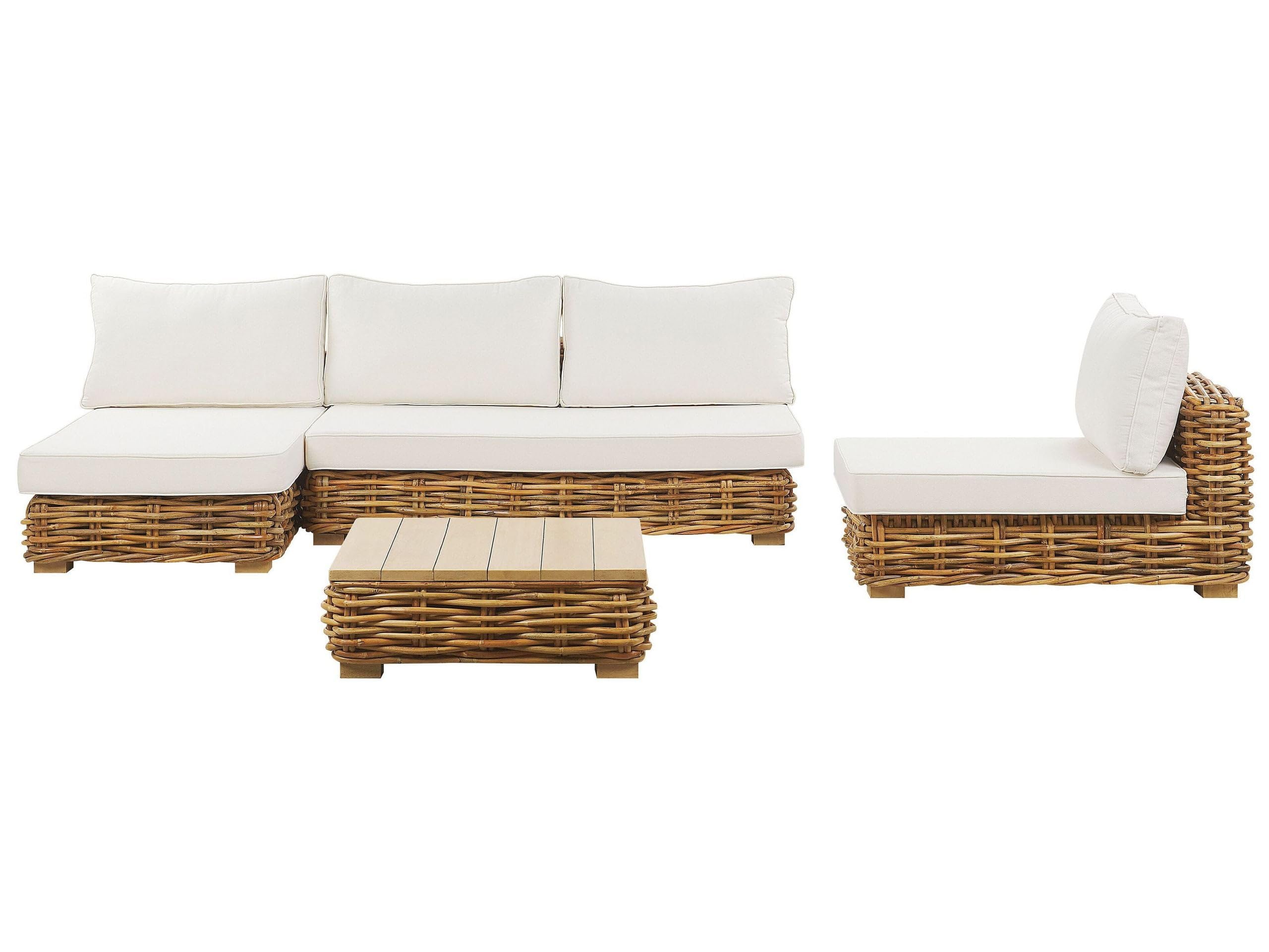 Beliani Lounge Set Rattan natürlich 4 Personen rechtsseitig Auflagen cremeweiß Varallo