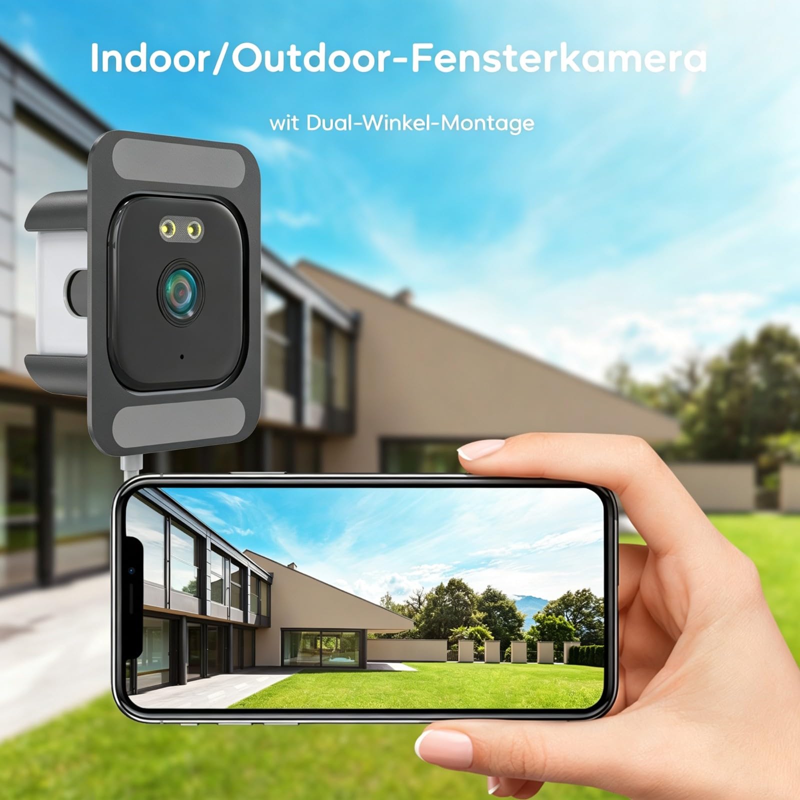 ANYQOO Fensterkamera Innen, 3MP 2K 2,4G & 5GHz Dualband WiFi, 2er-Pack | KI-Farbnachtsicht, 108° Weitwinkel, 3-fach Zoom, 24/7 Aufnahme, Anti-Reflex, ohne Bohren, Personen-/Fahrzeugerkennung