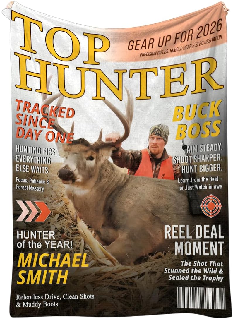 Personalized Hunting Magazine Cover Blanket - Gifts for Hunting Lovers, Hunting Gifts for Men, Hunting Gift Blanket, Gifts for Hunters, Hunter Present for Dad/Grandpa, Hunting Decor